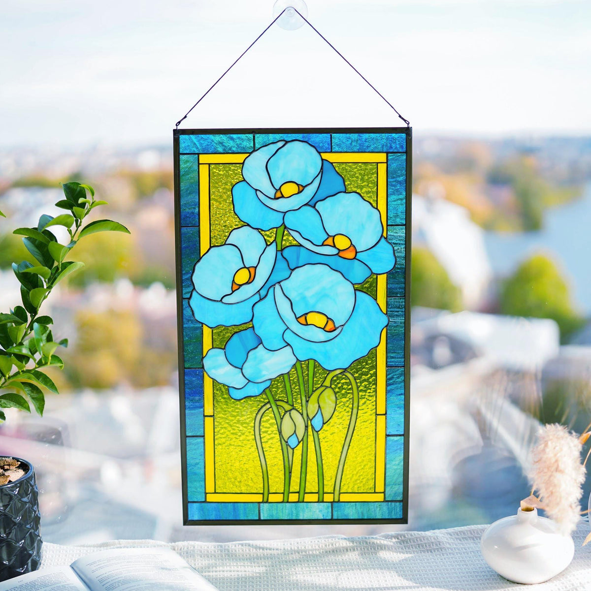 Handmade stained glass blue poppy panel, 20×11.5 in, Tiffany copper foil, window hanging with blue and green cathedral glass
