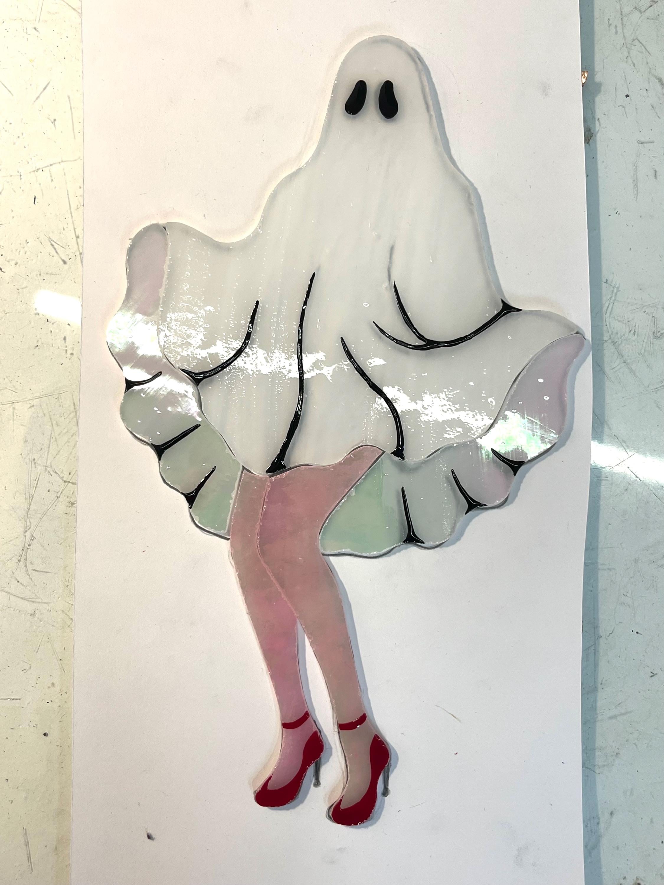 Hand-cut glass pieces for stained glass ghost suncatcher, Tiffany copper foil technique process
