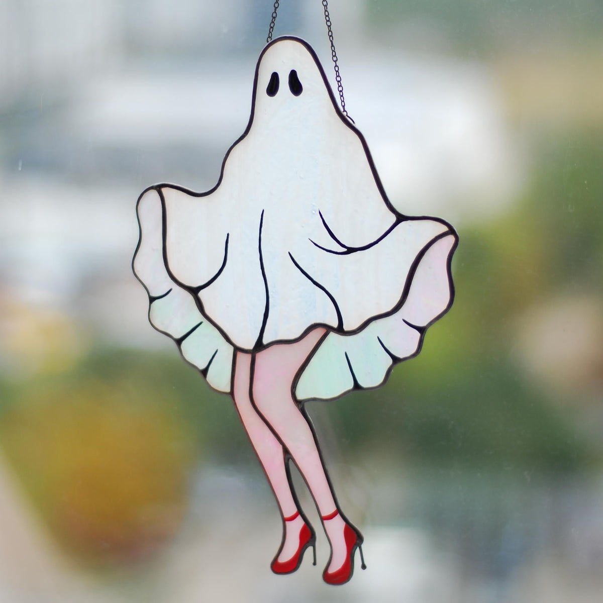 Funny Halloween stained glass ghost suncatcher with flared dress and red heels, handmade window hanging