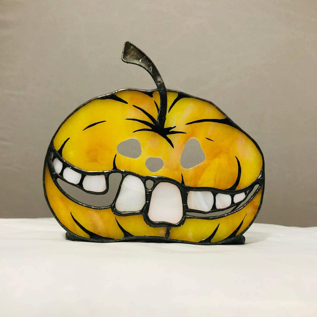 Stained Glass Pumpkin Candlestick: Orange Halloween Suncatcher, Halloween Horror Decor