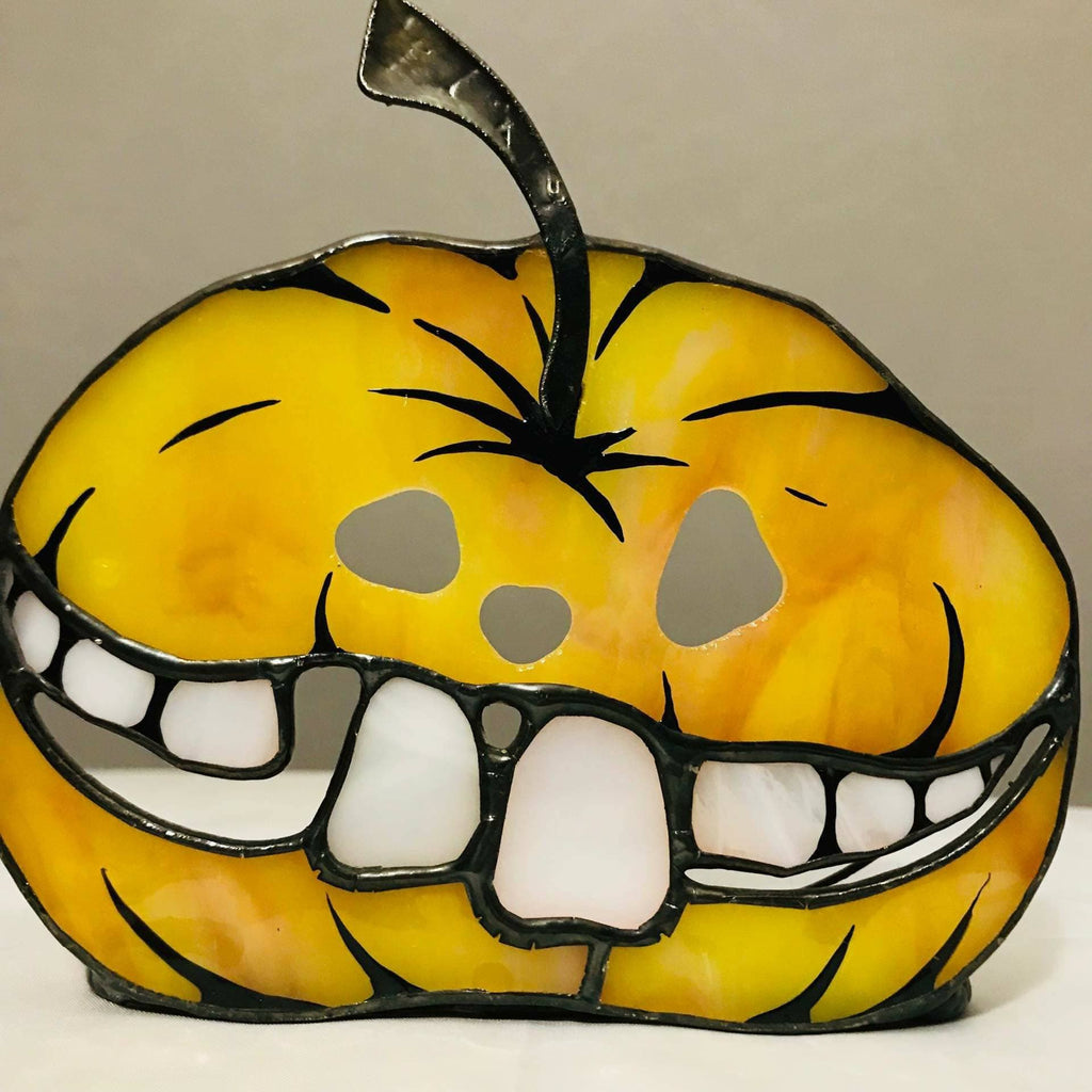 Stained Glass Pumpkin Candlestick: Orange Halloween Suncatcher, Halloween Horror Decor
