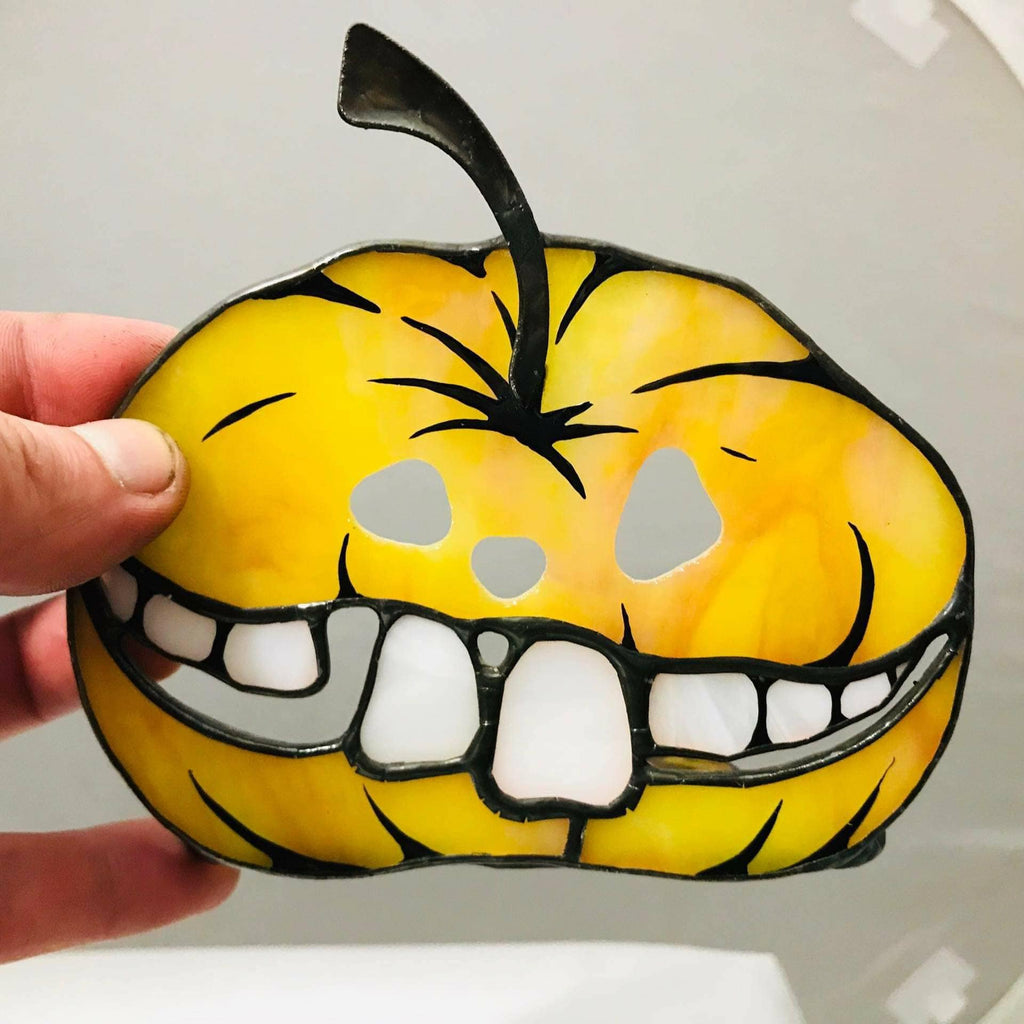 Stained Glass Pumpkin Candlestick: Orange Halloween Suncatcher, Halloween Horror Decor