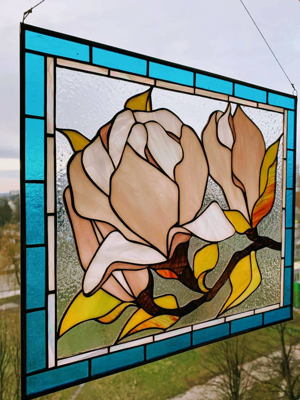 Magnolia Stained Glass Panel, Handmade Window Hanging, Pink Flower Suncatcher, Personalized gift, Tiffany Glass Art