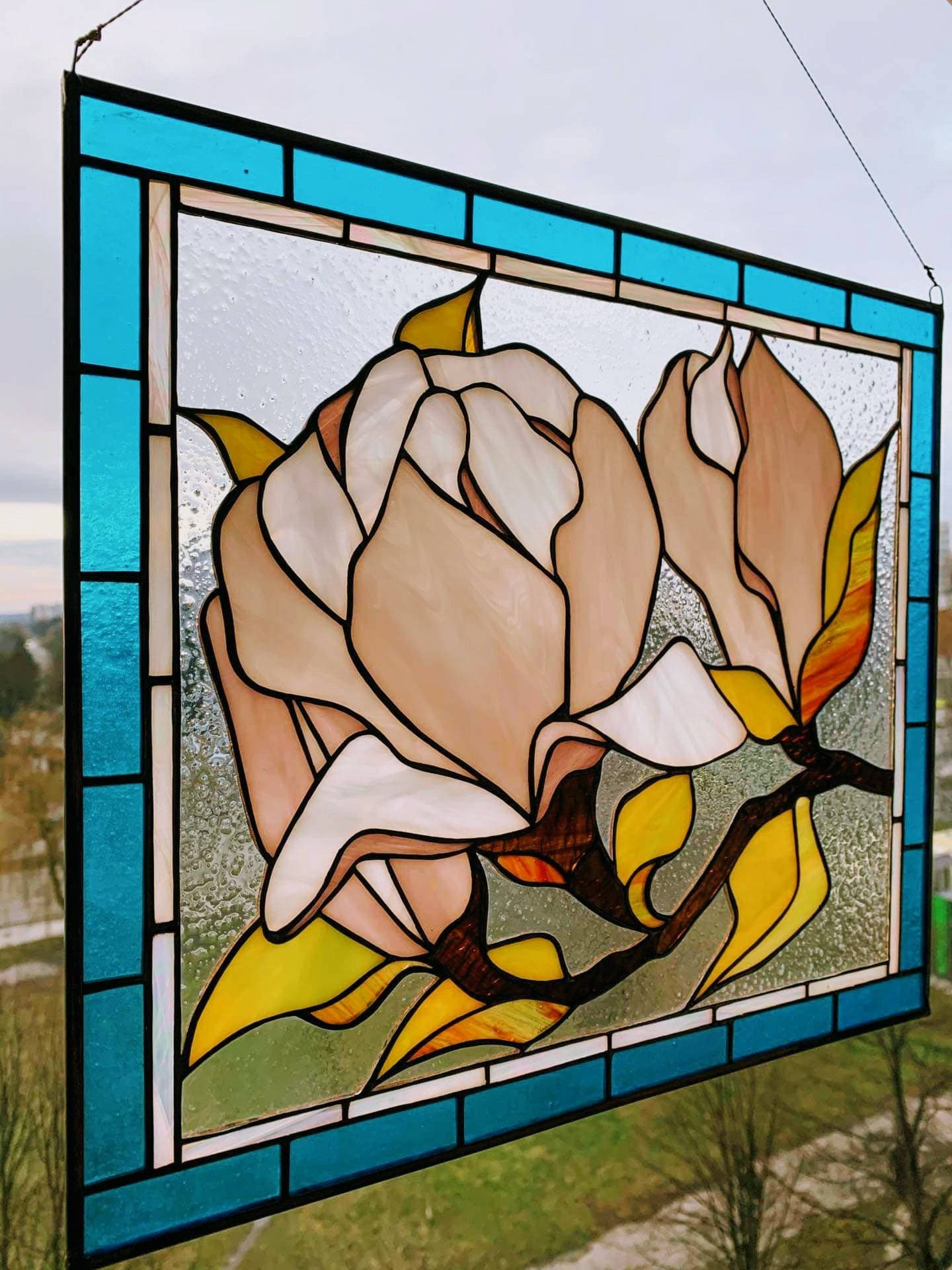 Magnolia Stained Glass Panel, Handmade Window Hanging, Pink Flower Suncatcher, Personalized gift, Tiffany Glass Art