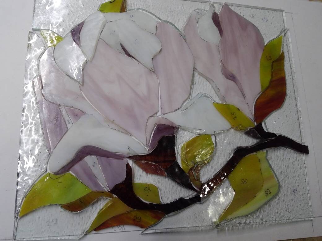 Magnolia Stained Glass Panel, Handmade Window Hanging, Pink Flower Suncatcher, Personalized gift, Tiffany Glass Art