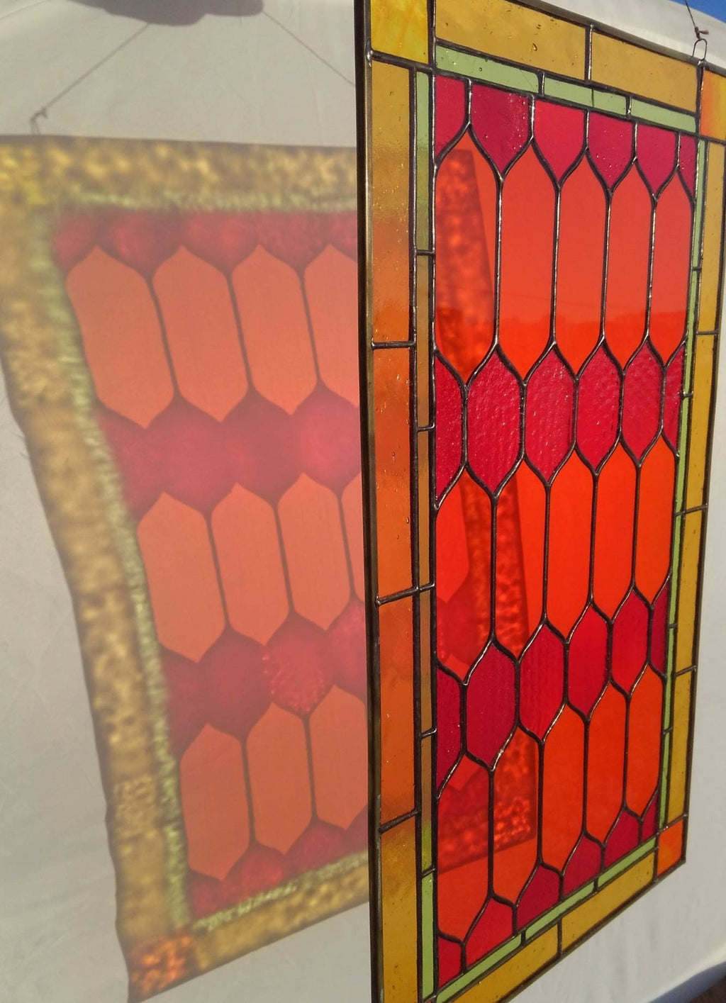 Geometric Stained Glass Panel: Red & Gold Window Hanging (10x19 inches) Mother’s Day gift, Glass art