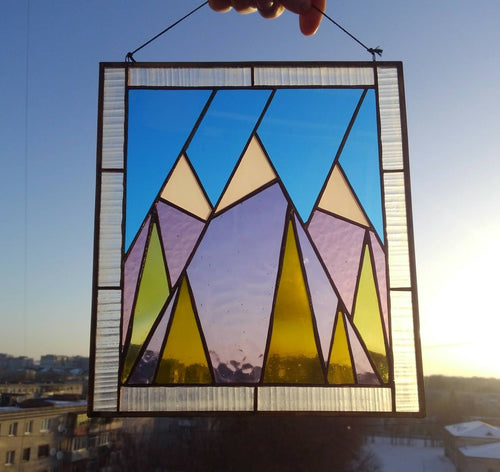 Geometric Mountains Stained Glass Panel 8x10 in, Abstract Landscape Suncatcher, Nature Inspired Home Decor, Handcrafted Window Hanging