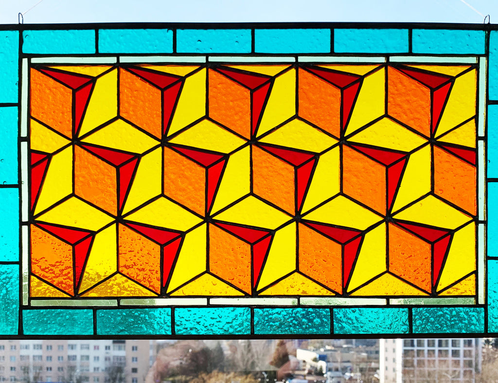 Geometric Stained Glass Window Panel 10 × 17 in. Custom Suncatcher: Modern Abstract Window Hangings, Mother’s Day gift, Tiffany Glass Art