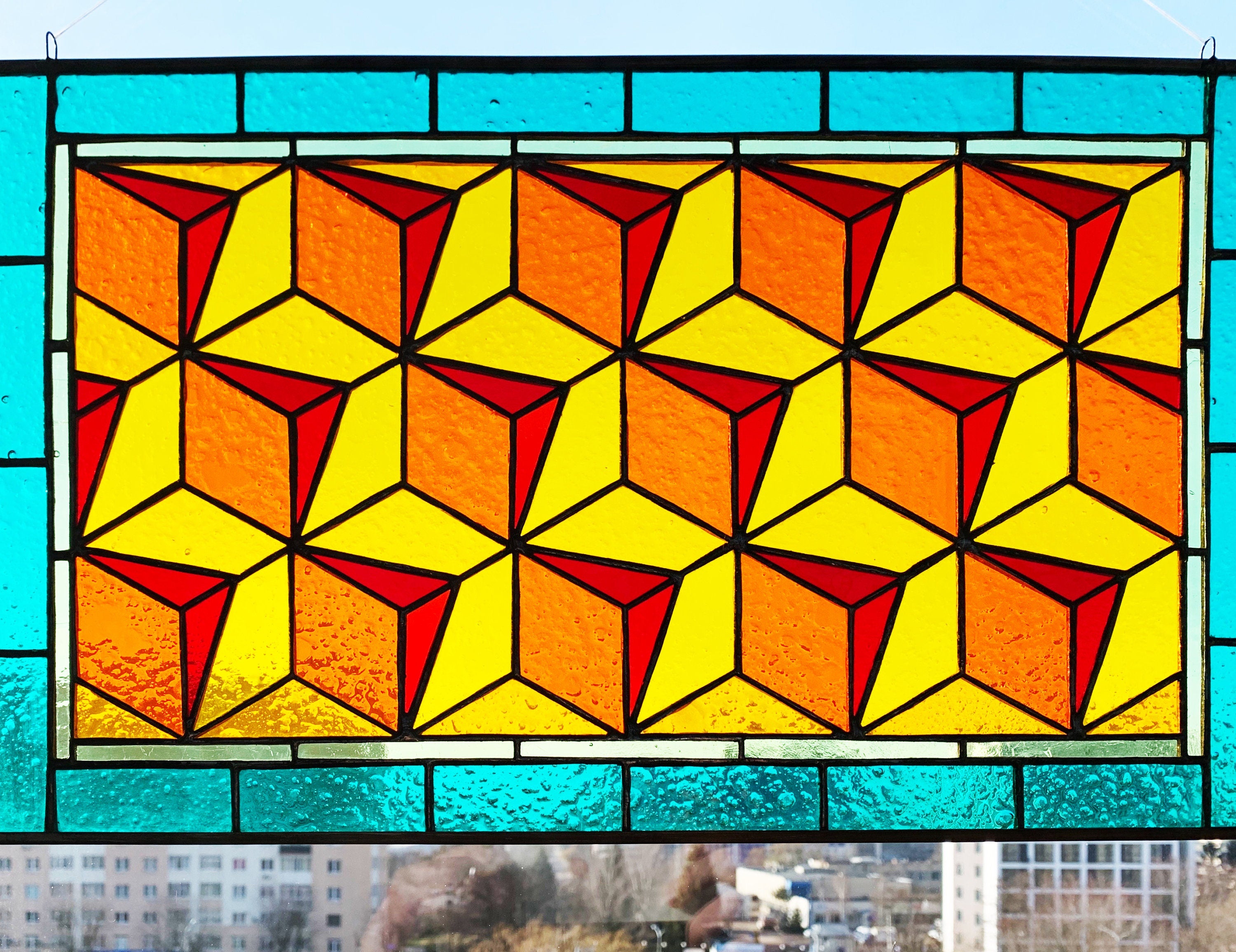 Geometric Stained Glass Window Panel 10 × 17 in. Custom Suncatcher: Modern Abstract Window Hangings, Mother’s Day gift, Tiffany Glass Art