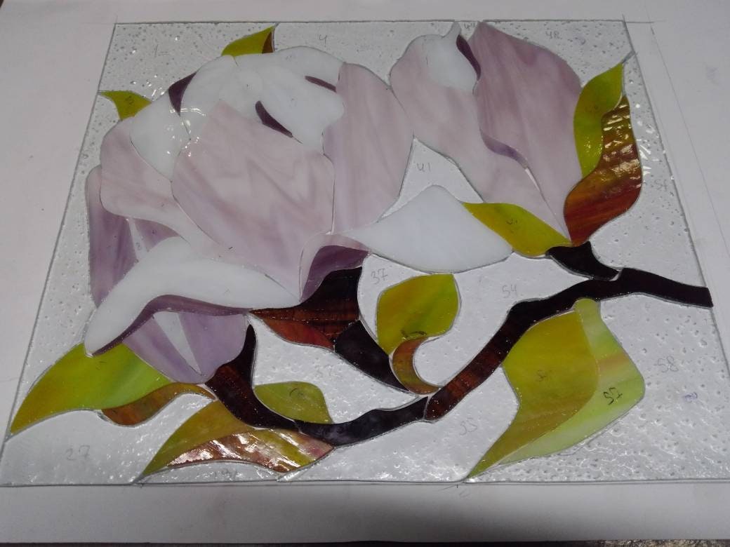 Magnolia Stained Glass Panel, Handmade Window Hanging, Pink Flower Suncatcher, Personalized gift, Tiffany Glass Art