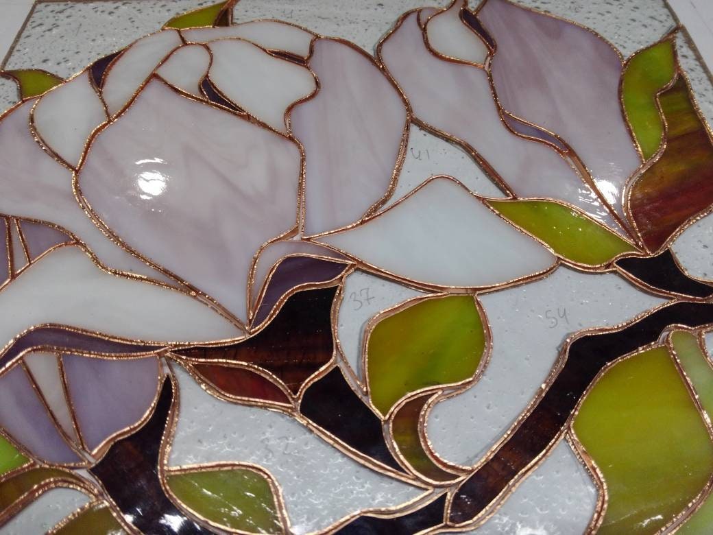 Magnolia Stained Glass Panel, Handmade Window Hanging, Pink Flower Suncatcher, Personalized gift, Tiffany Glass Art