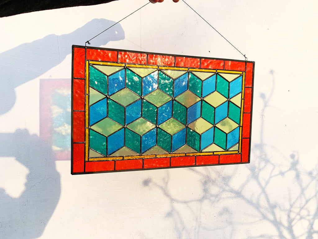 Geometric Stained Glass Panel: 3D Cube Window Hangings (10x17 inches) Mother’s Day gift, Tiffany Glass Art, Handmade suncatcher