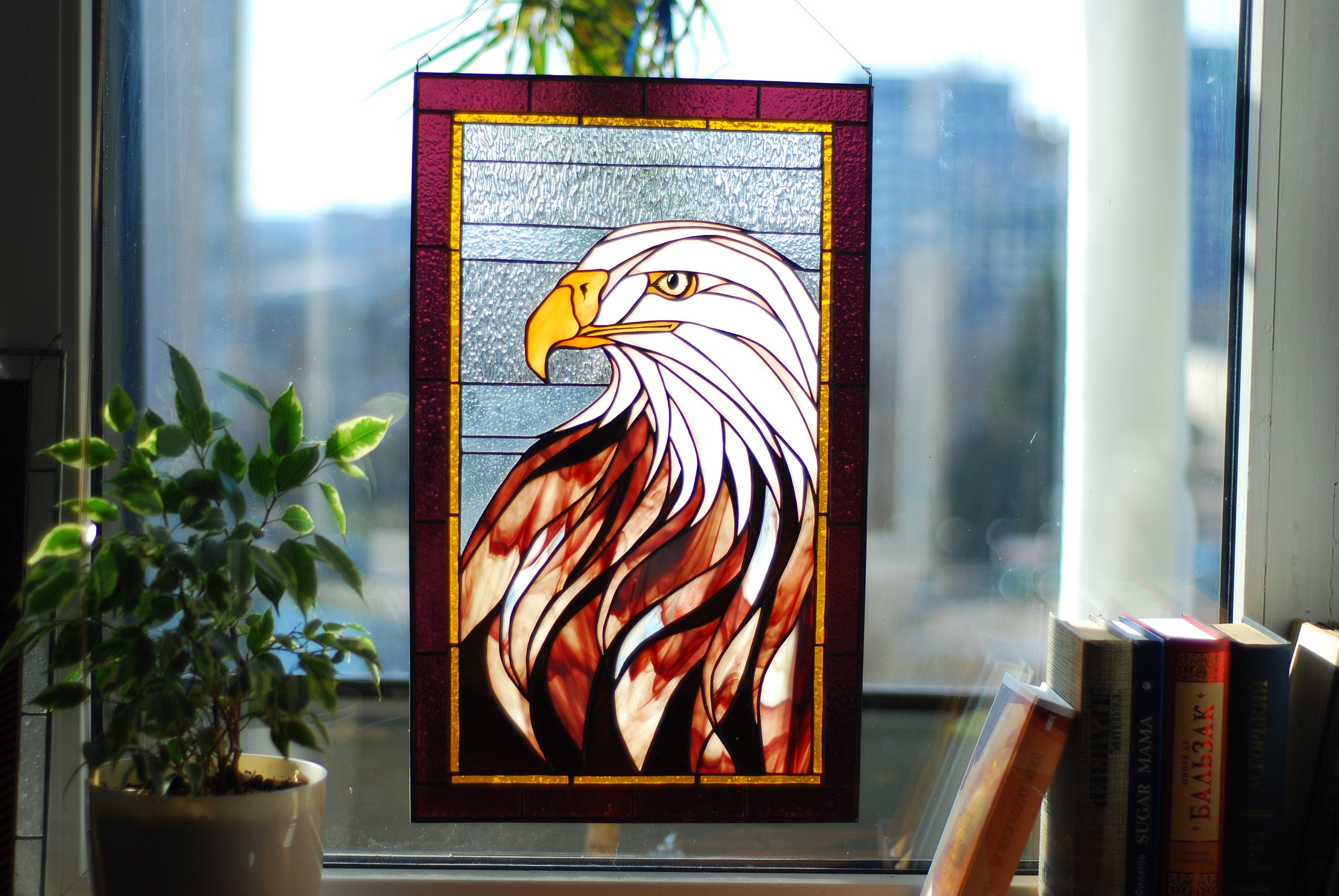 Stained Glass Eagle Window Hanging – Handcrafted Rustic Home Decor