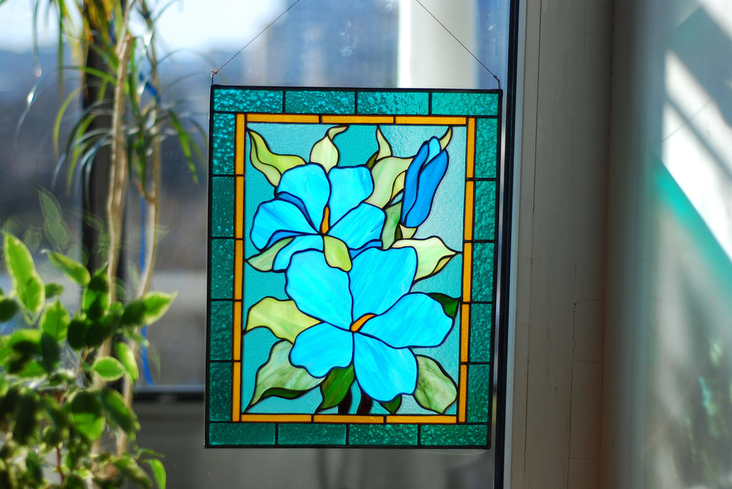 Stained Glass Window Panel Blue Hibiscus Flowers Rectangle Window Hangings Stained Glass  Sun Catcher, Mother’s Day gift, Glass Art