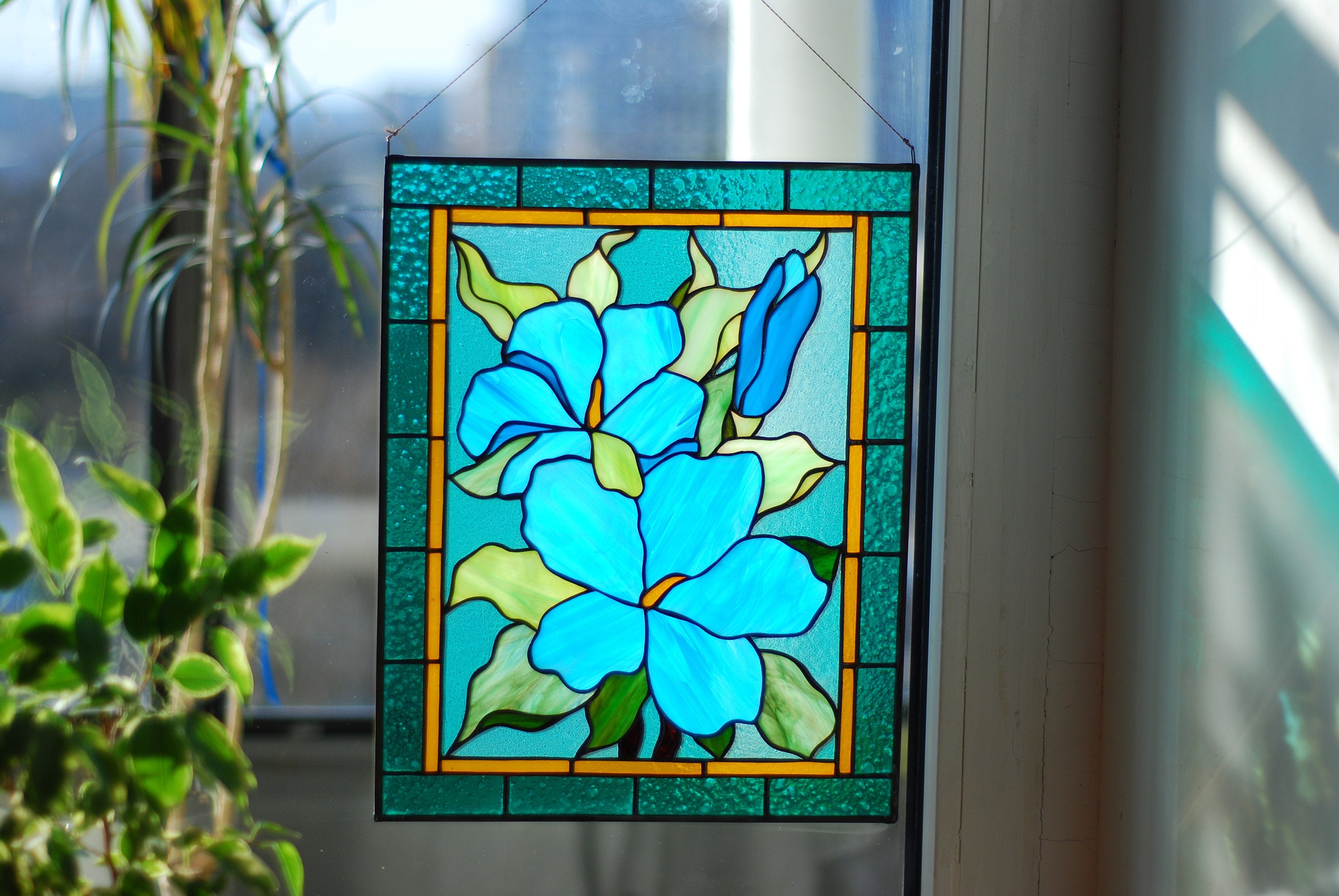 Stained Glass Window Panel Blue Hibiscus Flowers Rectangle Window Hangings Stained Glass  Sun Catcher, Mother’s Day gift, Glass Art