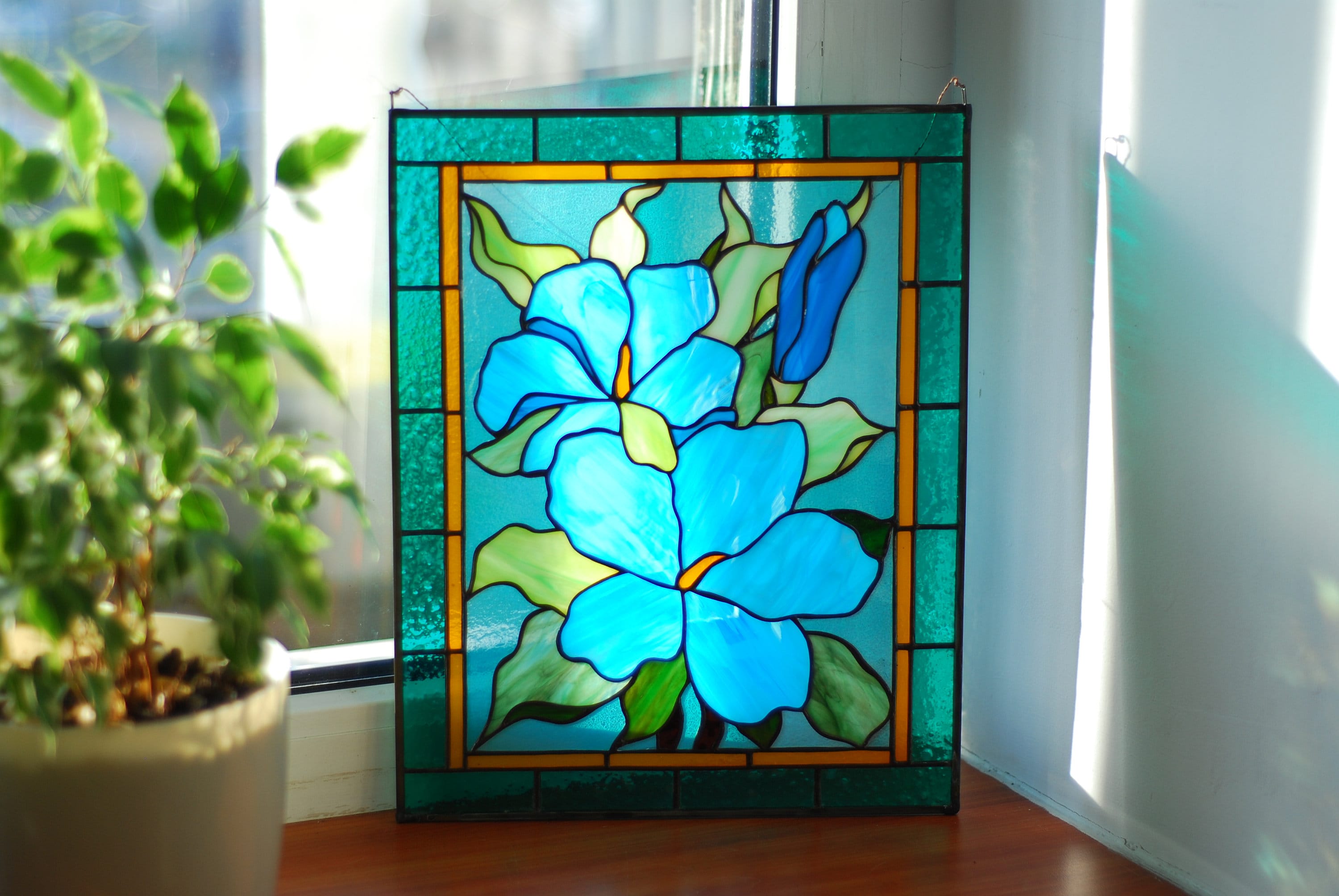 Stained Glass Window Panel Blue Hibiscus Flowers Rectangle Window Hangings Stained Glass  Sun Catcher, Mother’s Day gift, Glass Art
