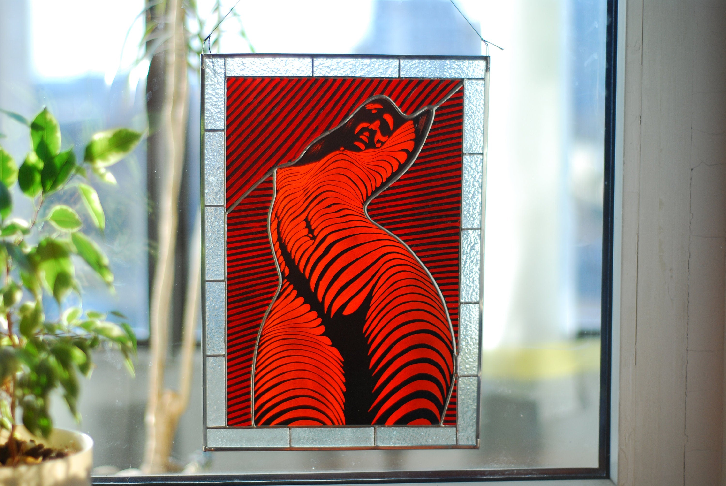 Nude Woman Stained Glass Panel Handmade Suncatcher 8x15 In, Erotic Boudoir Wall Art
