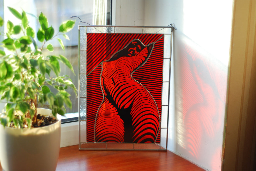 Nude Woman Stained Glass Panel Handmade Suncatcher 8x15 In, Erotic Boudoir Wall Art