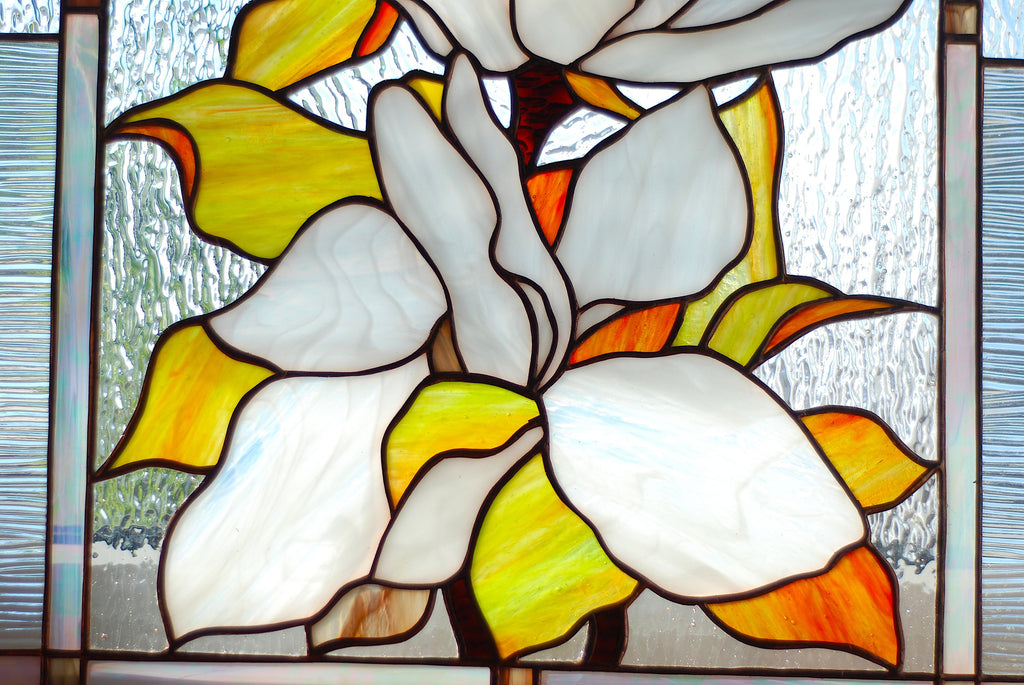 Stained Glass Window Panel White Magnolia 11 x 16 in, Custom Window Hangings White Flower Sun catcher Personalized gift, Glass art