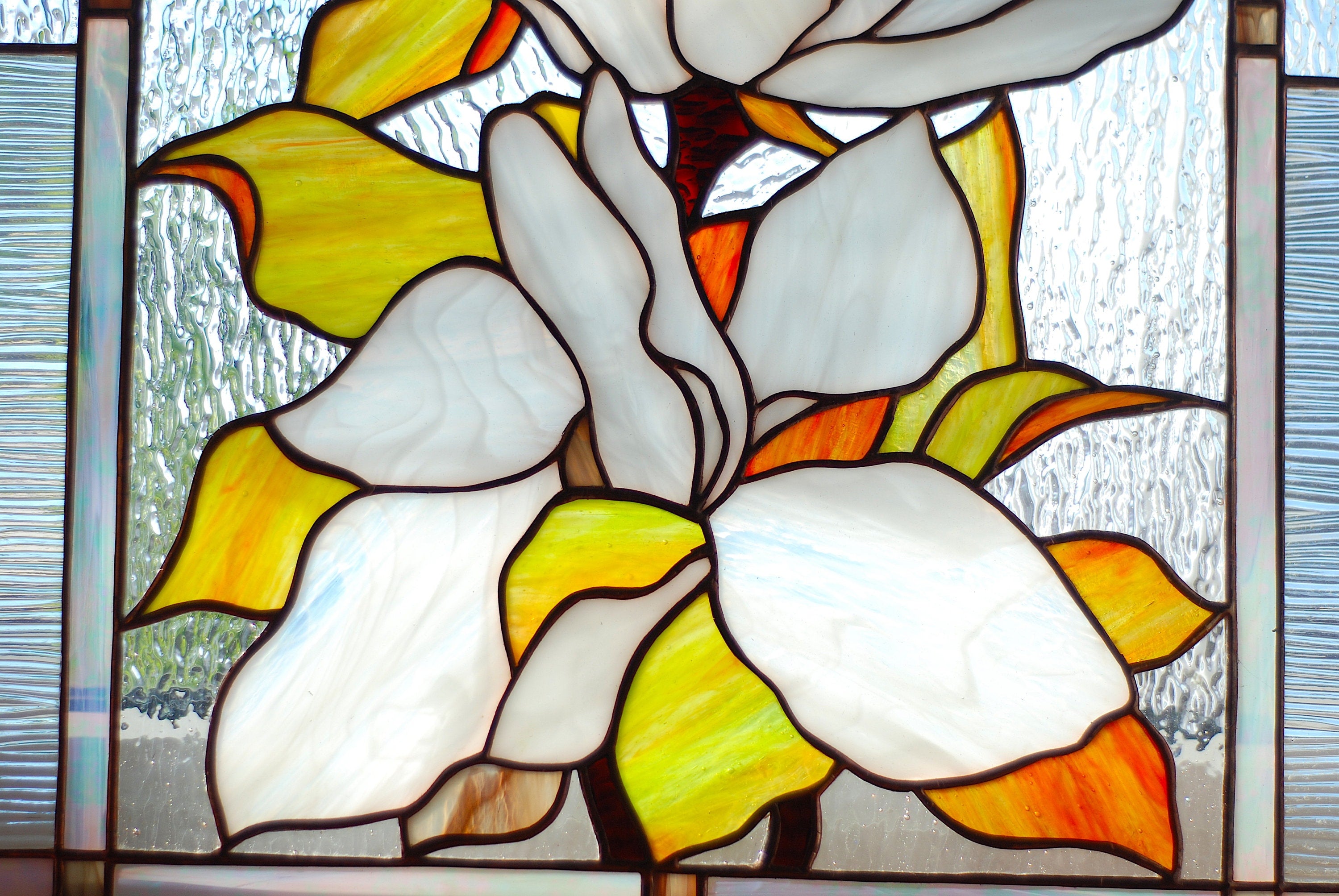 Stained Glass Window Panel White Magnolia 11 x 16 in, Custom Window Hangings White Flower Sun catcher Personalized gift, Glass art