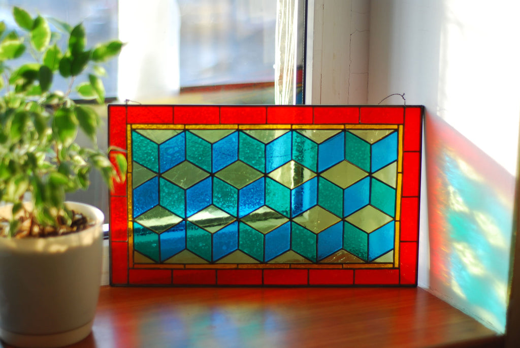 Geometric Stained Glass Panel | Modern Tiffany Cube Suncatcher