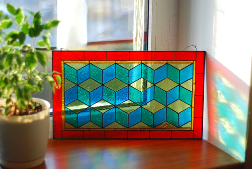 Geometric Stained Glass Panel: 3D Cube Window Hangings (10x17 inches) Mother’s Day gift, Tiffany Glass Art, Handmade suncatcher