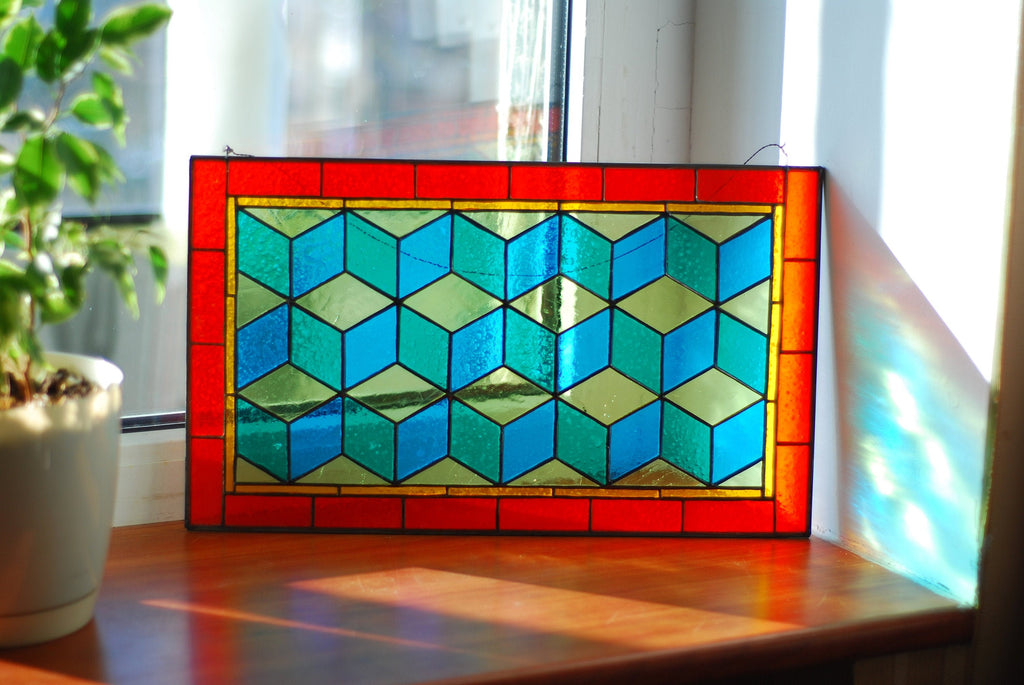 Geometric Stained Glass Panel | Modern Tiffany Cube Suncatcher