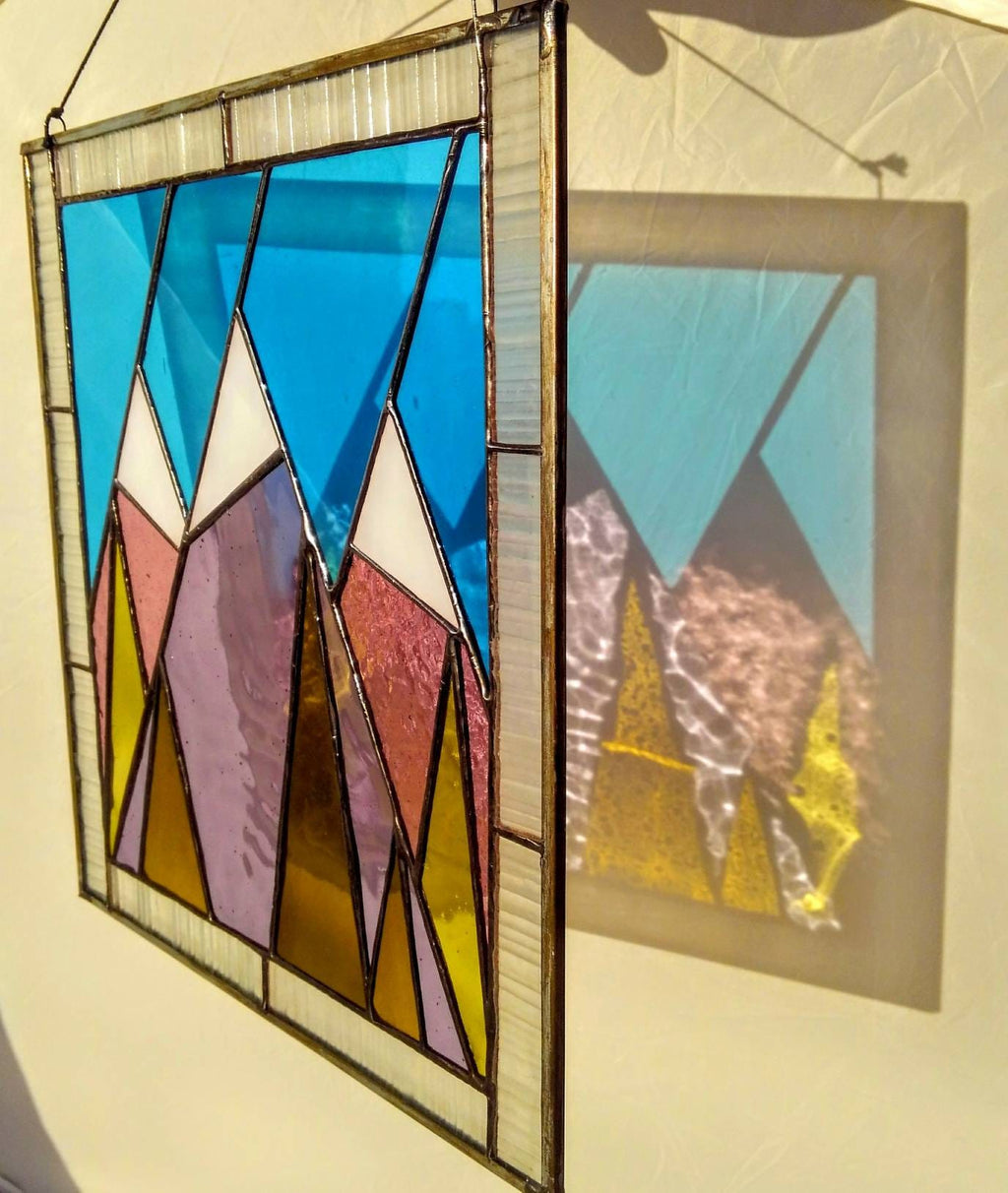 Geometric Mountains Stained Glass Panel 8x10 in, Abstract Landscape Suncatcher, Nature Inspired Home Decor, Handcrafted Window Hanging