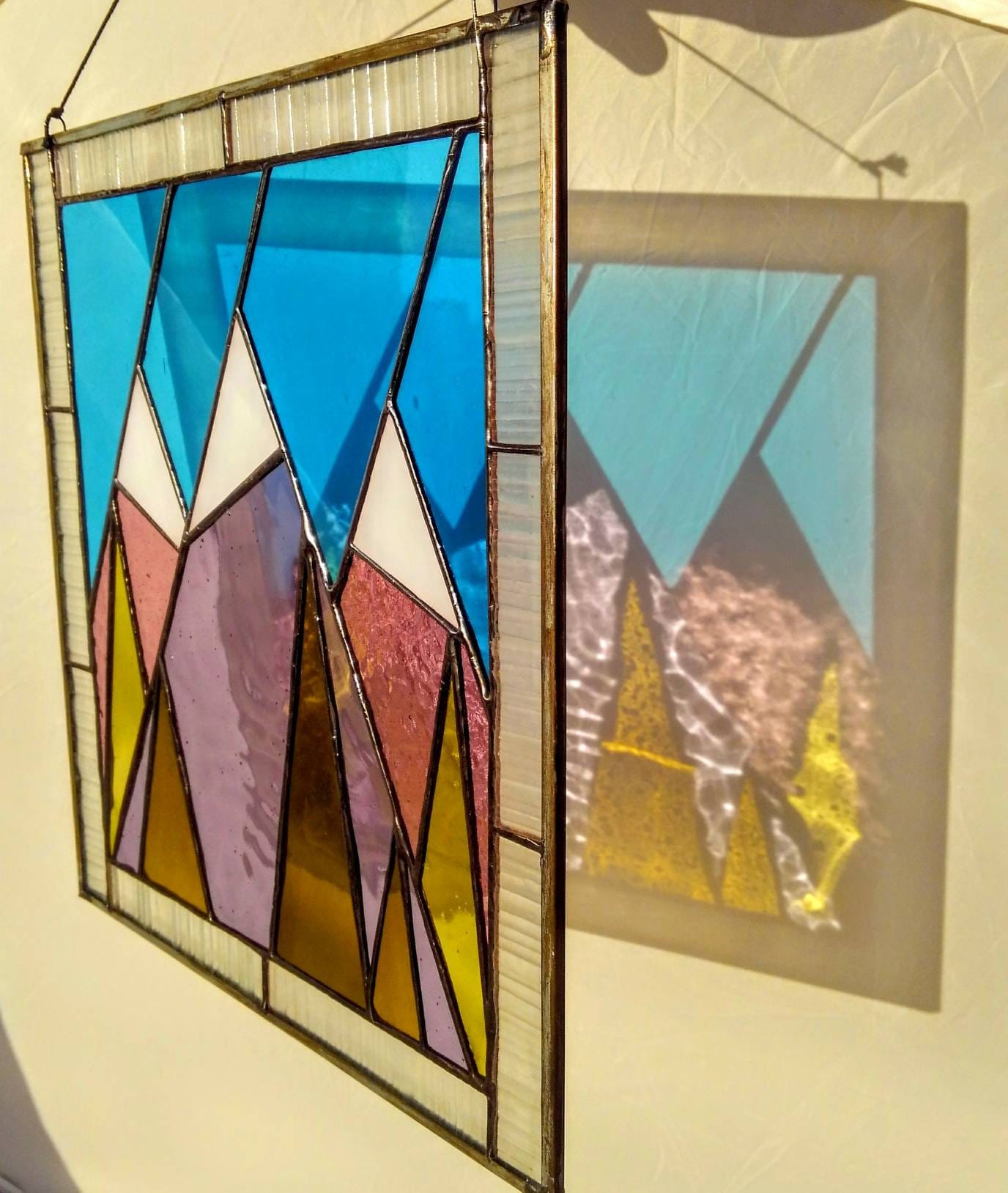 Geometric Mountains Stained Glass Panel 8x10 in, Abstract Landscape Suncatcher, Nature Inspired Home Decor, Handcrafted Window Hanging