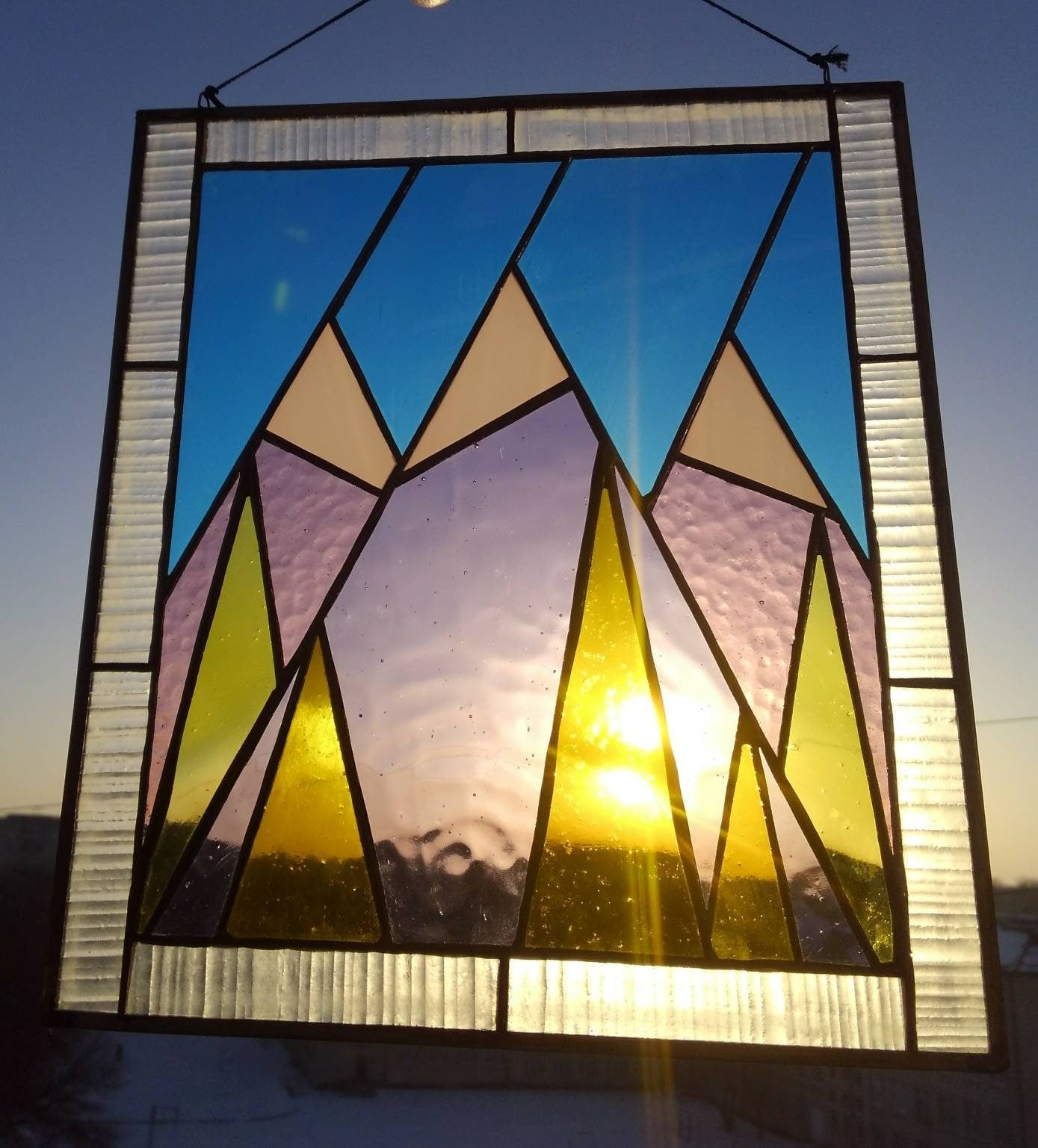 Geometric Mountains Stained Glass Panel 8x10 in, Abstract Landscape Suncatcher, Nature Inspired Home Decor, Handcrafted Window Hanging