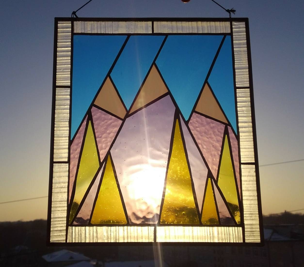 Geometric Mountains Stained Glass Panel 8x10 in, Abstract Landscape Suncatcher, Nature Inspired Home Decor, Handcrafted Window Hanging