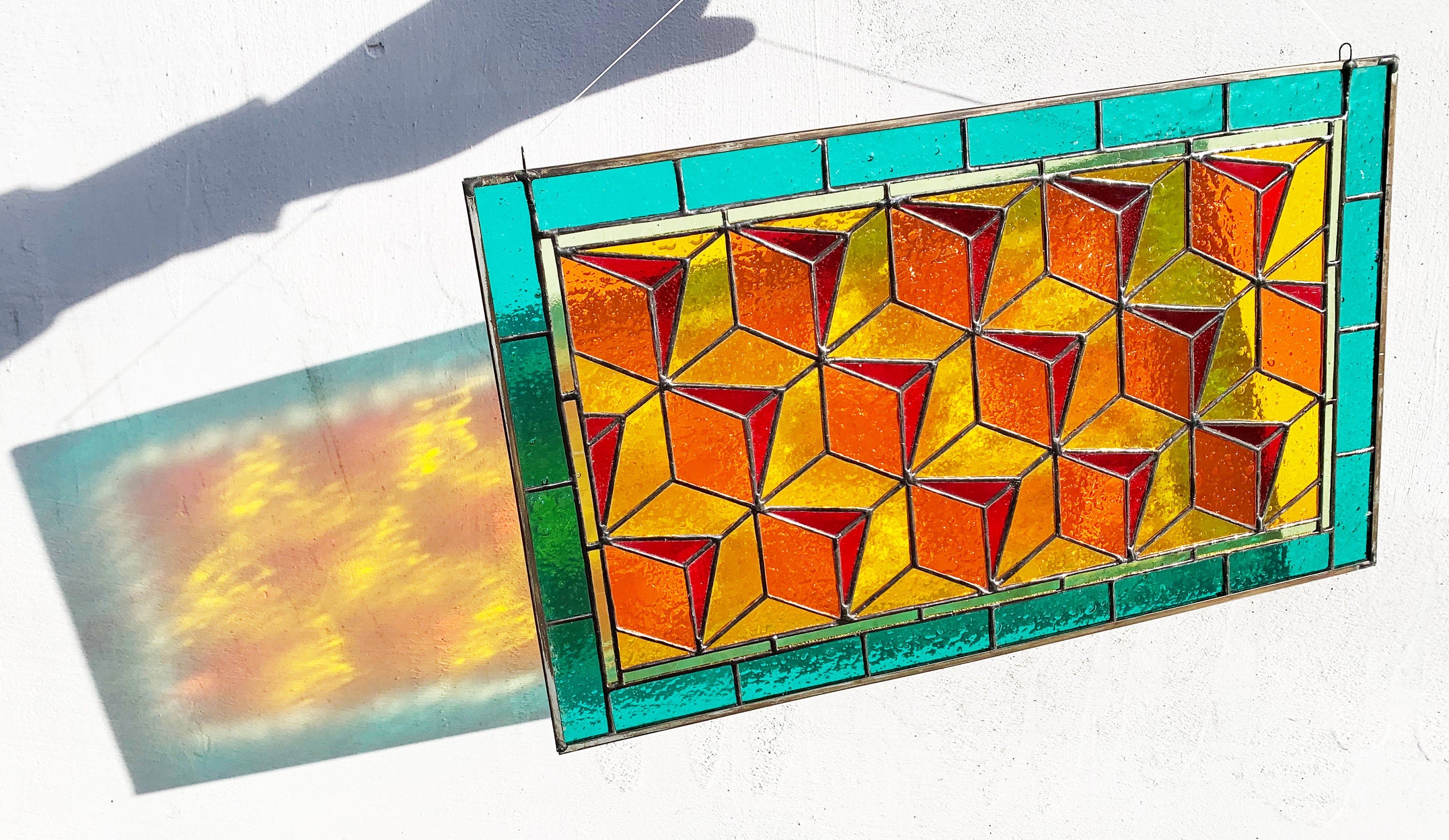 Geometric Stained Glass Window Panel 10 × 17 in. Custom Suncatcher: Modern Abstract Window Hangings, Mother’s Day gift, Tiffany Glass Art