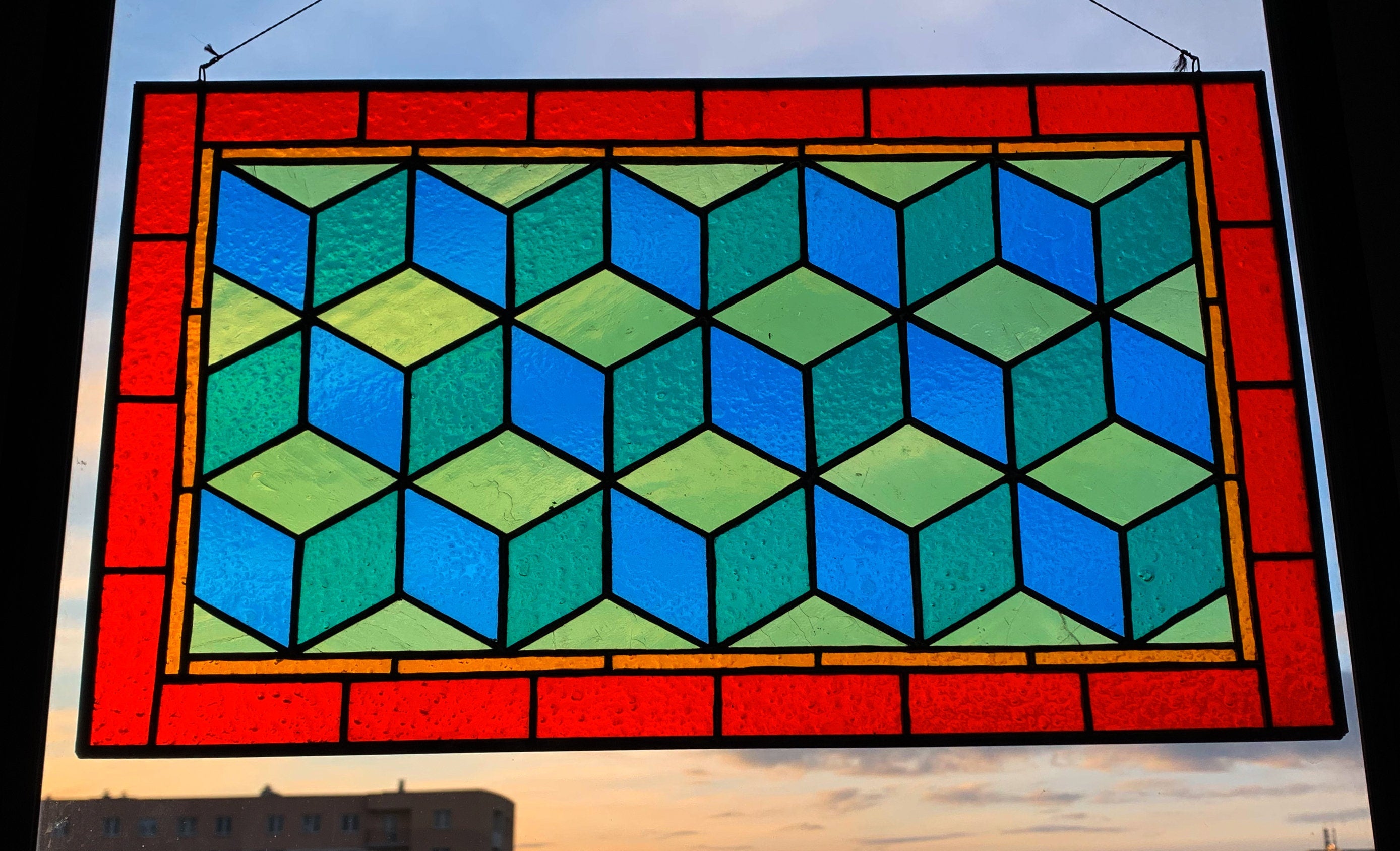 Geometric Stained Glass Panel: 3D Cube Window Hangings (10x17 inches) Mother’s Day gift, Tiffany Glass Art, Handmade suncatcher