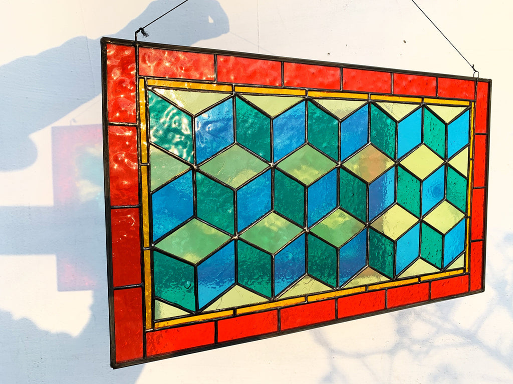 Geometric Stained Glass Panel | Modern Tiffany Cube Suncatcher