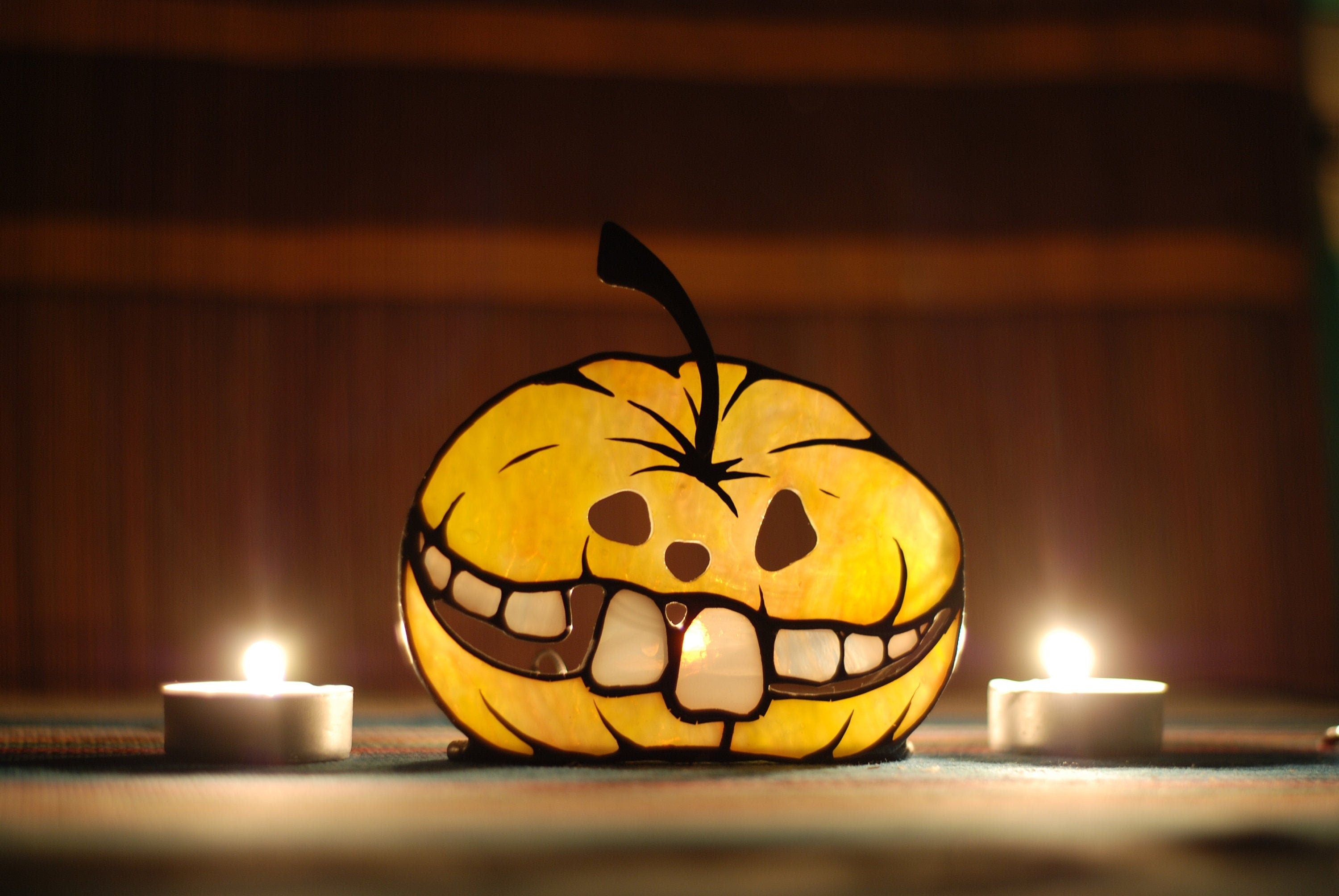 Stained Glass Pumpkin Candlestick: Orange Halloween Suncatcher, Halloween Horror Decor