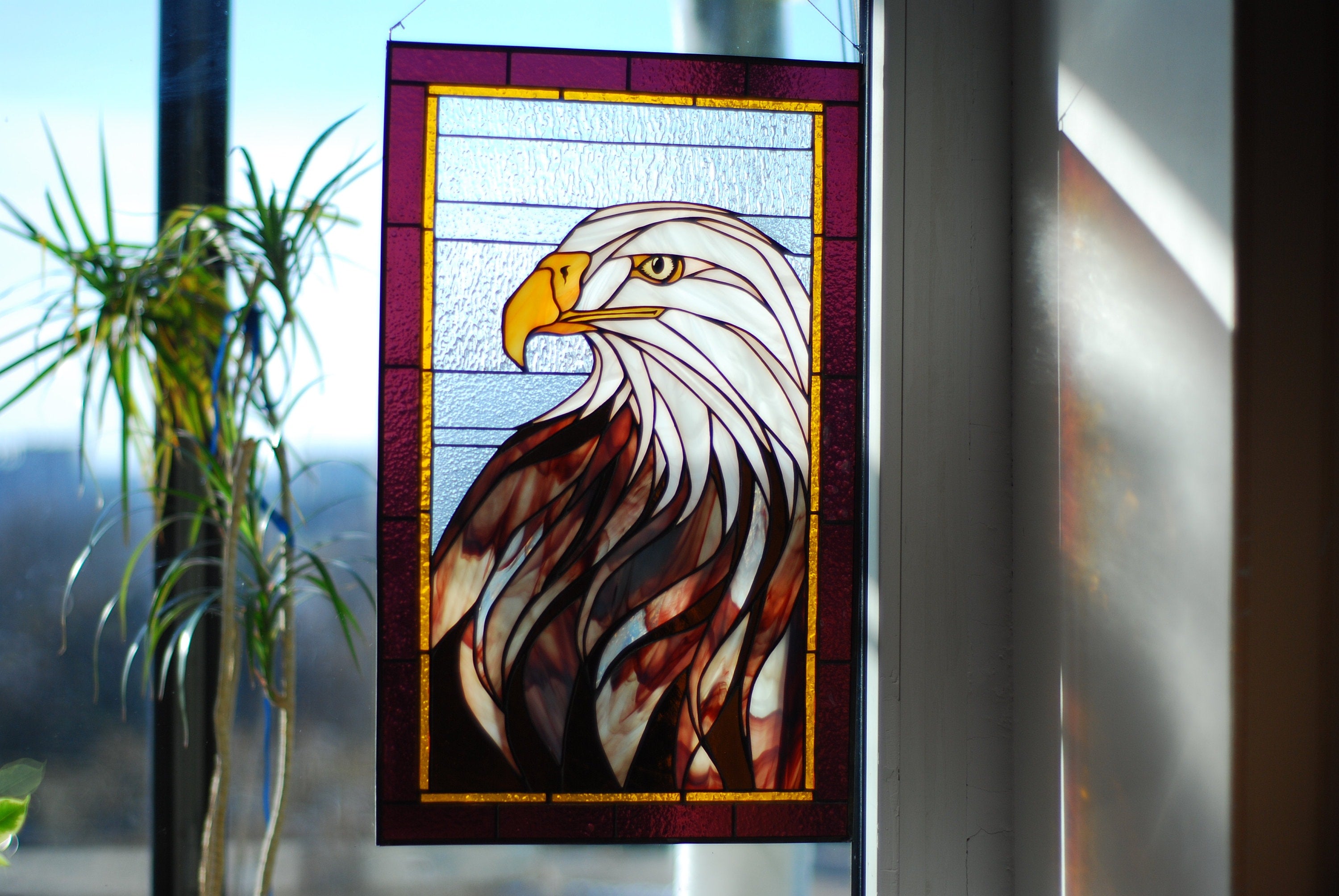 Stained Glass Eagle Window Hanging – Handcrafted Rustic Home Decor
