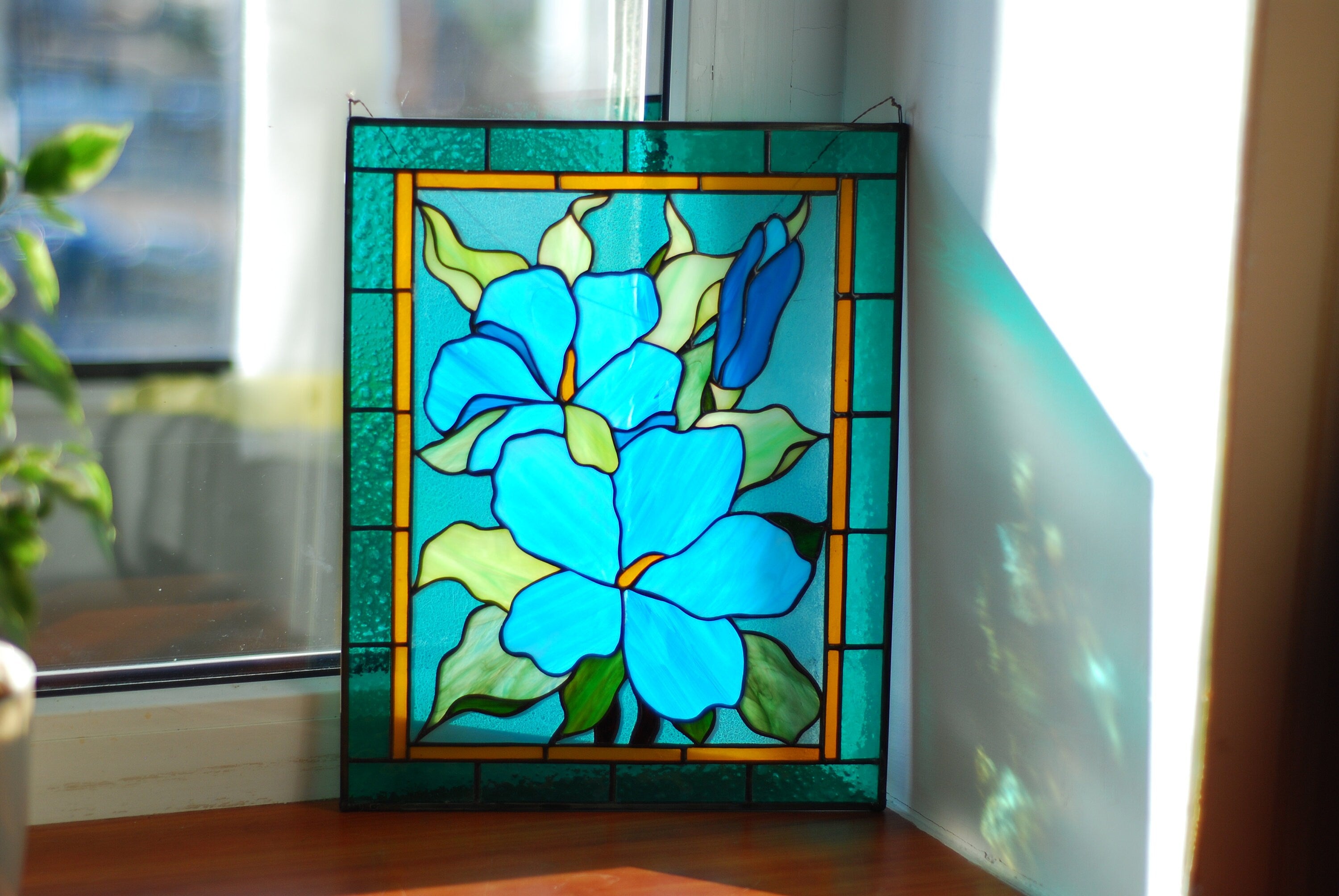 Stained Glass Window Panel Blue Hibiscus Flowers Rectangle Window Hangings Stained Glass  Sun Catcher, Mother’s Day gift, Glass Art