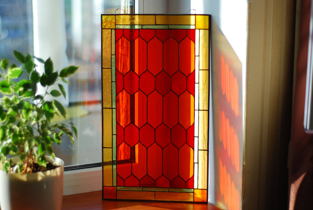 Geometric Stained Glass Panel: Red & Gold Window Hanging (10x19 inches) Mother’s Day gift, Glass art