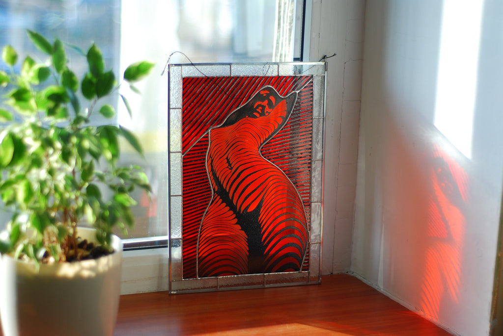 Nude Woman Stained Glass Panel Handmade Suncatcher 8x15 In, Erotic Boudoir Wall Art