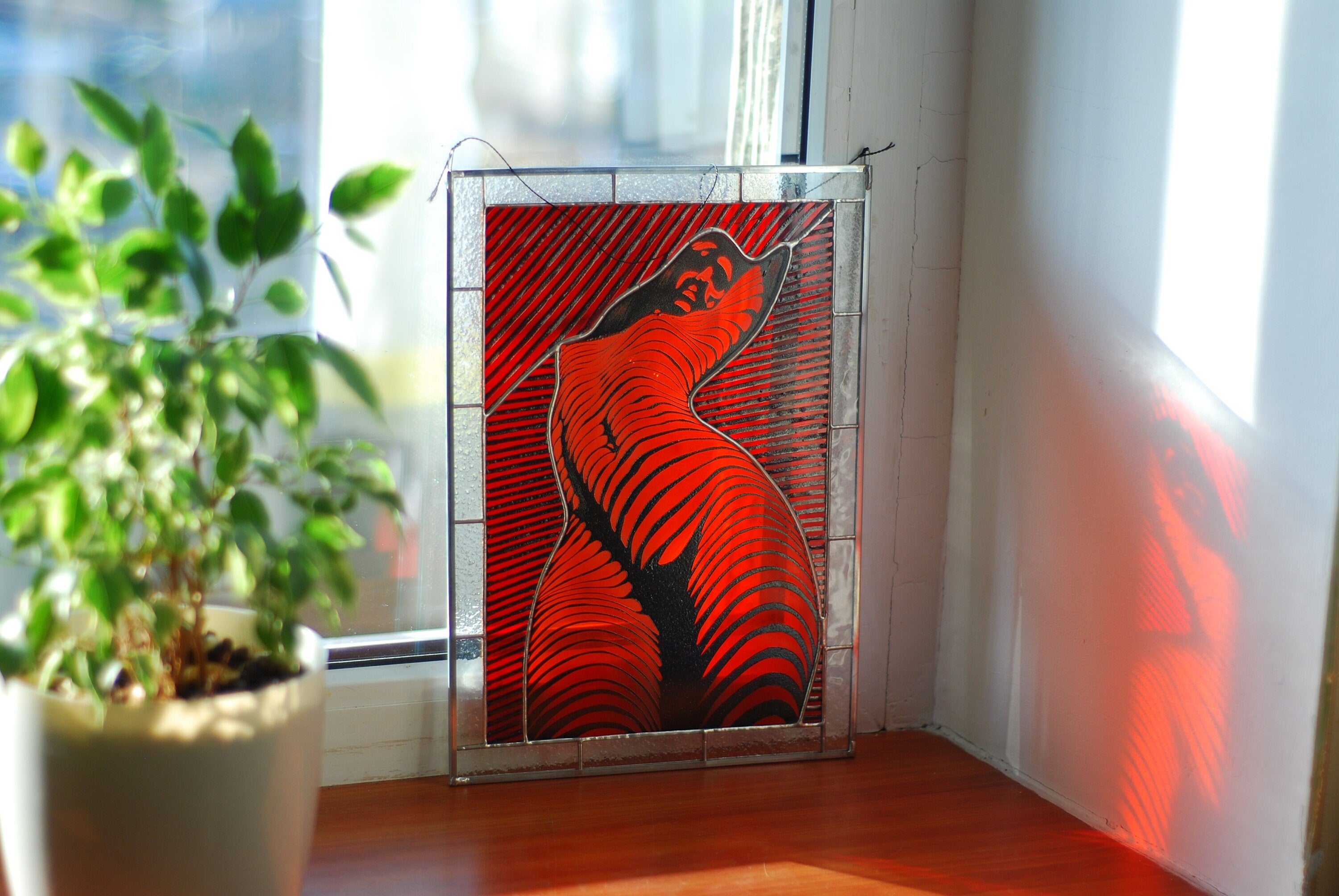 Nude Woman Stained Glass Panel Handmade Suncatcher 8x15 In, Erotic Boudoir Wall Art