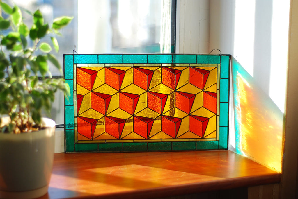 Geometric Stained Glass Window Panel 10 × 17 in. Custom Suncatcher: Modern Abstract Window Hangings, Mother’s Day gift, Tiffany Glass Art