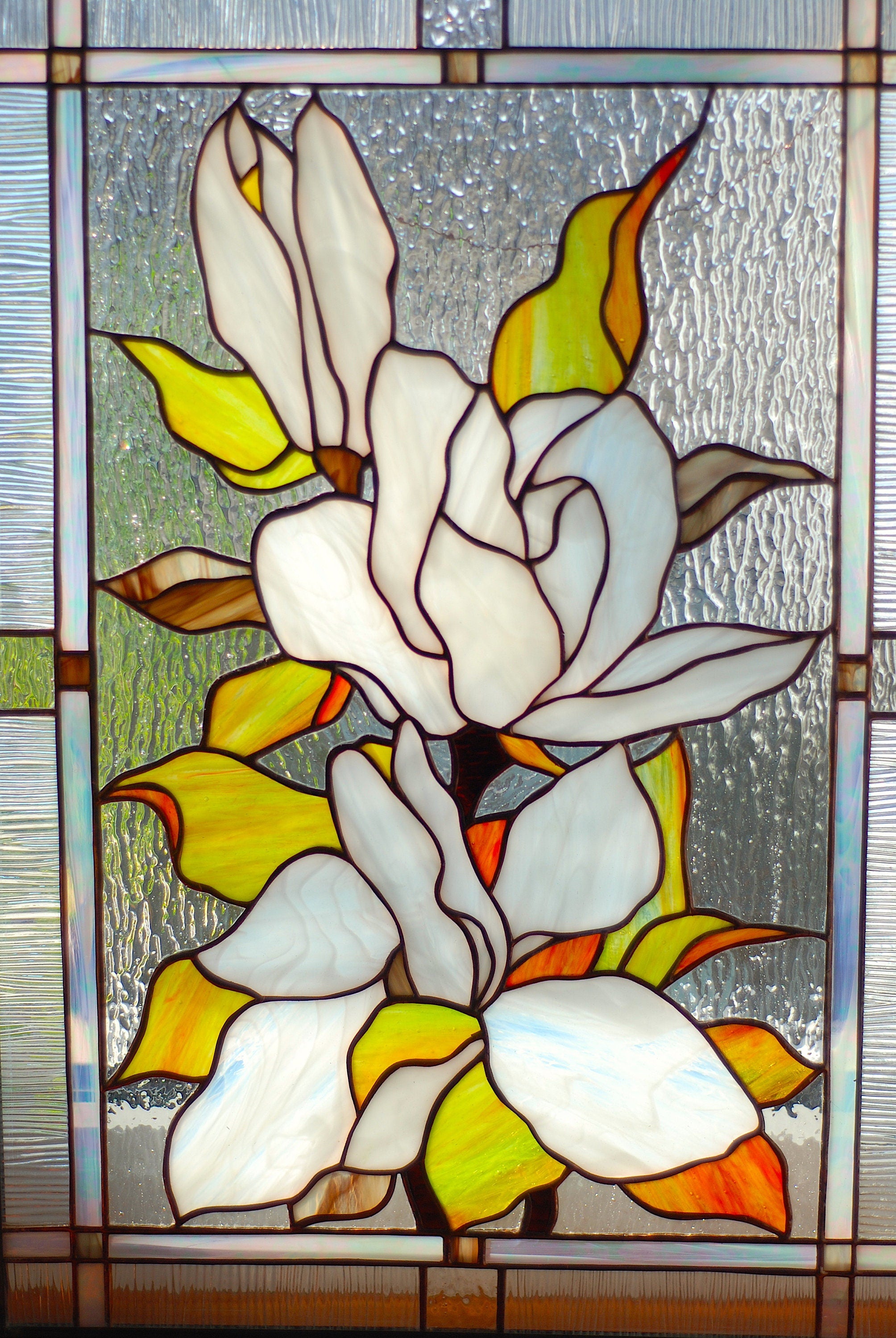 Stained Glass Window Panel White Magnolia 11 x 16 in, Custom Window Hangings White Flower Sun catcher Personalized gift, Glass art