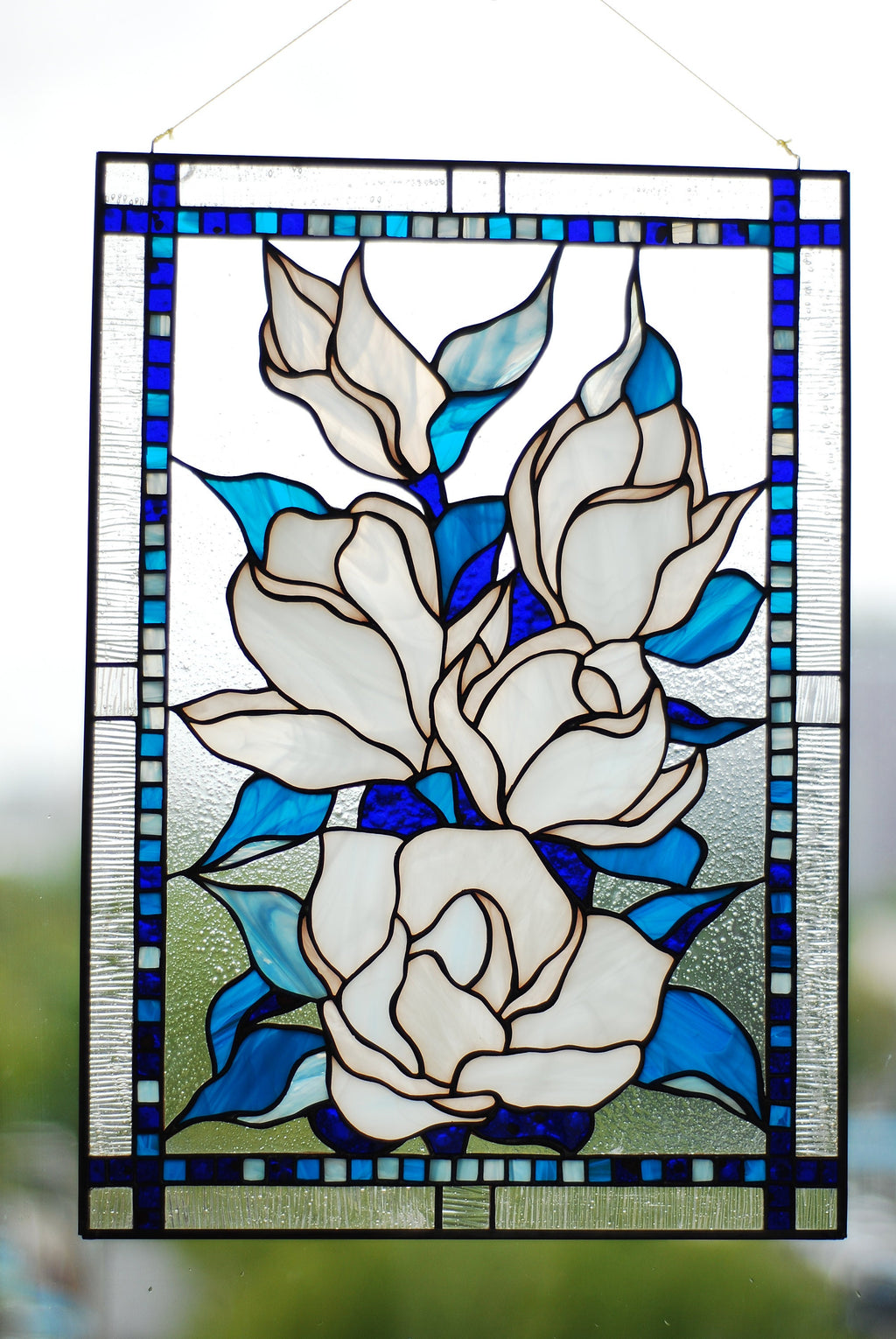Stained Glass Window Panel Magnolia 17 x 12 inch. Tiffany Glass Art, Handmade Mother’s Day gift, White Flower Window Hangings, Sun Catcher