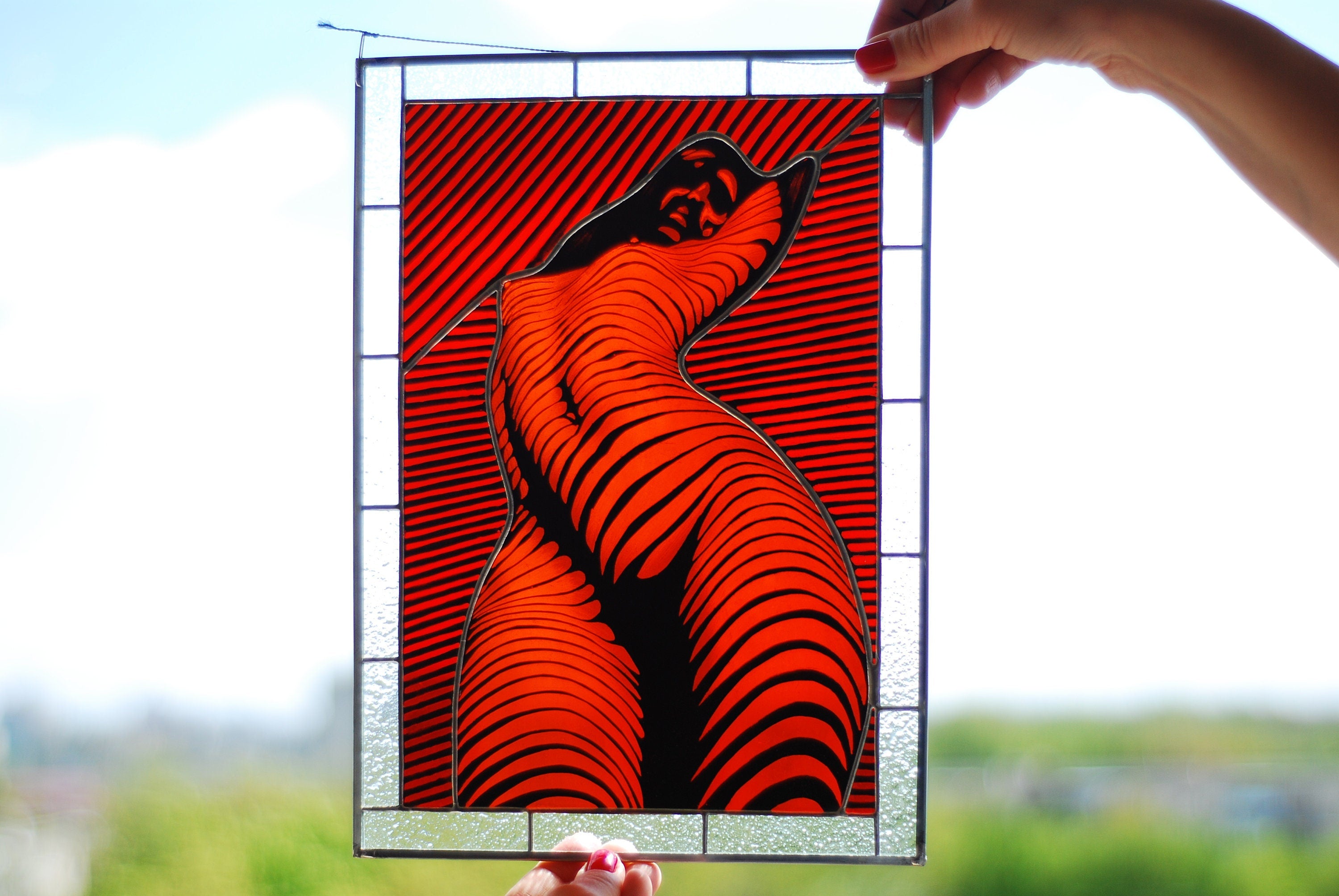 Nude Woman Stained Glass Panel Handmade Suncatcher 8x15 In, Erotic Boudoir Wall Art