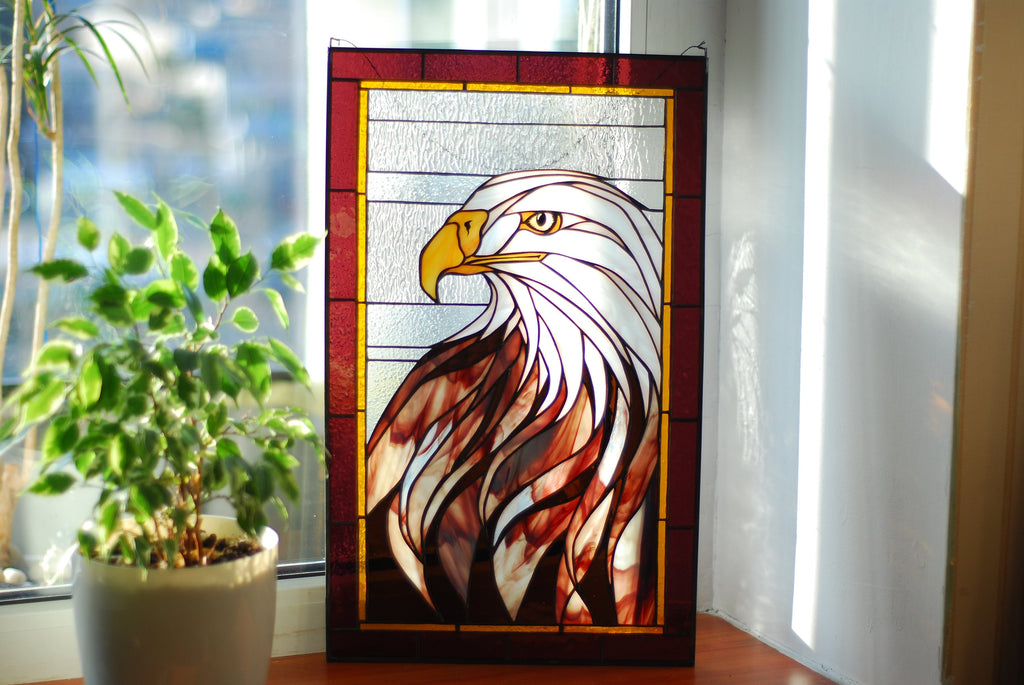 Stained Glass Eagle Window Hanging – Handcrafted Rustic Home Decor