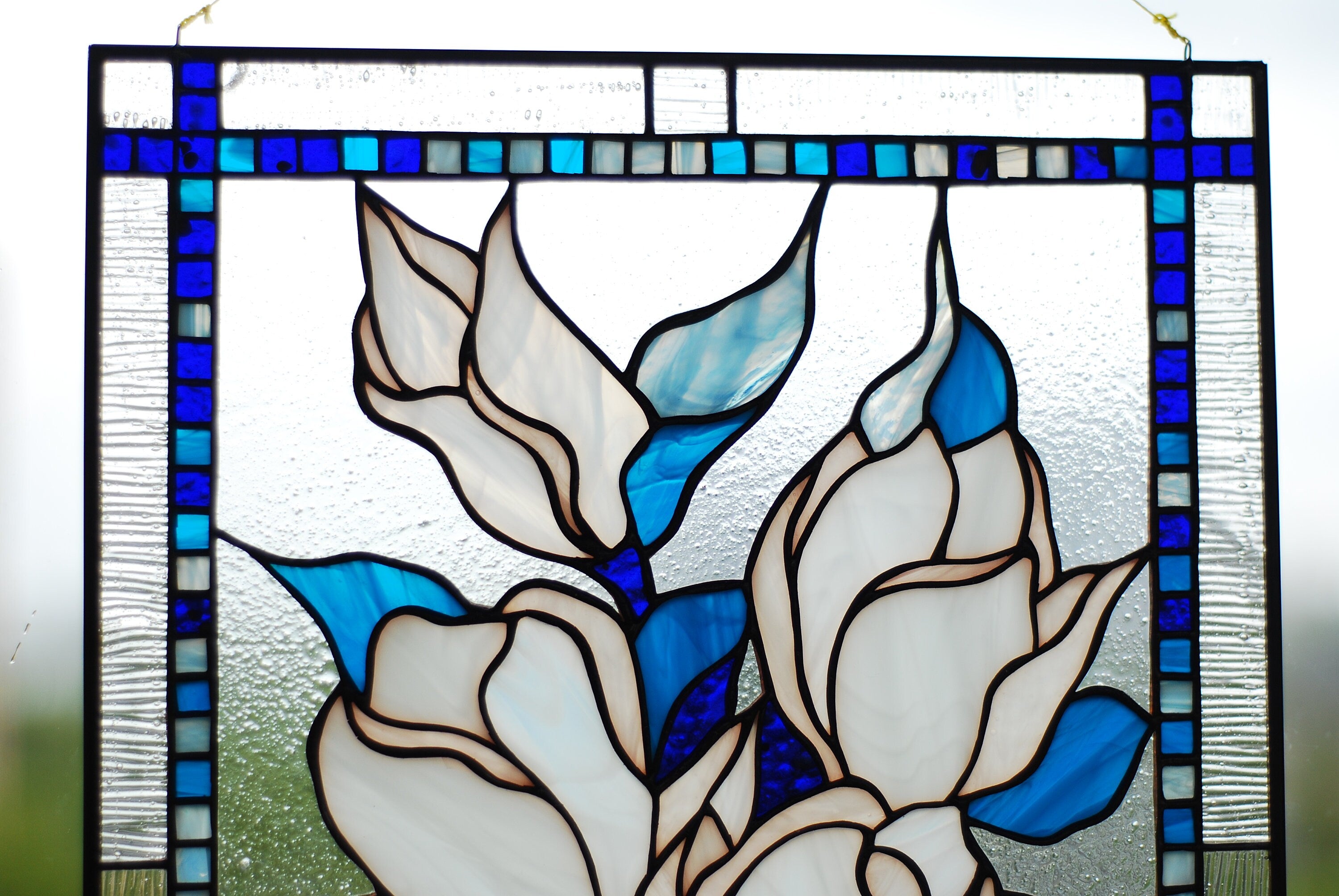 Stained Glass Window Panel Magnolia 17 x 12 inch. Tiffany Glass Art, Handmade Mother’s Day gift, White Flower Window Hangings, Sun Catcher