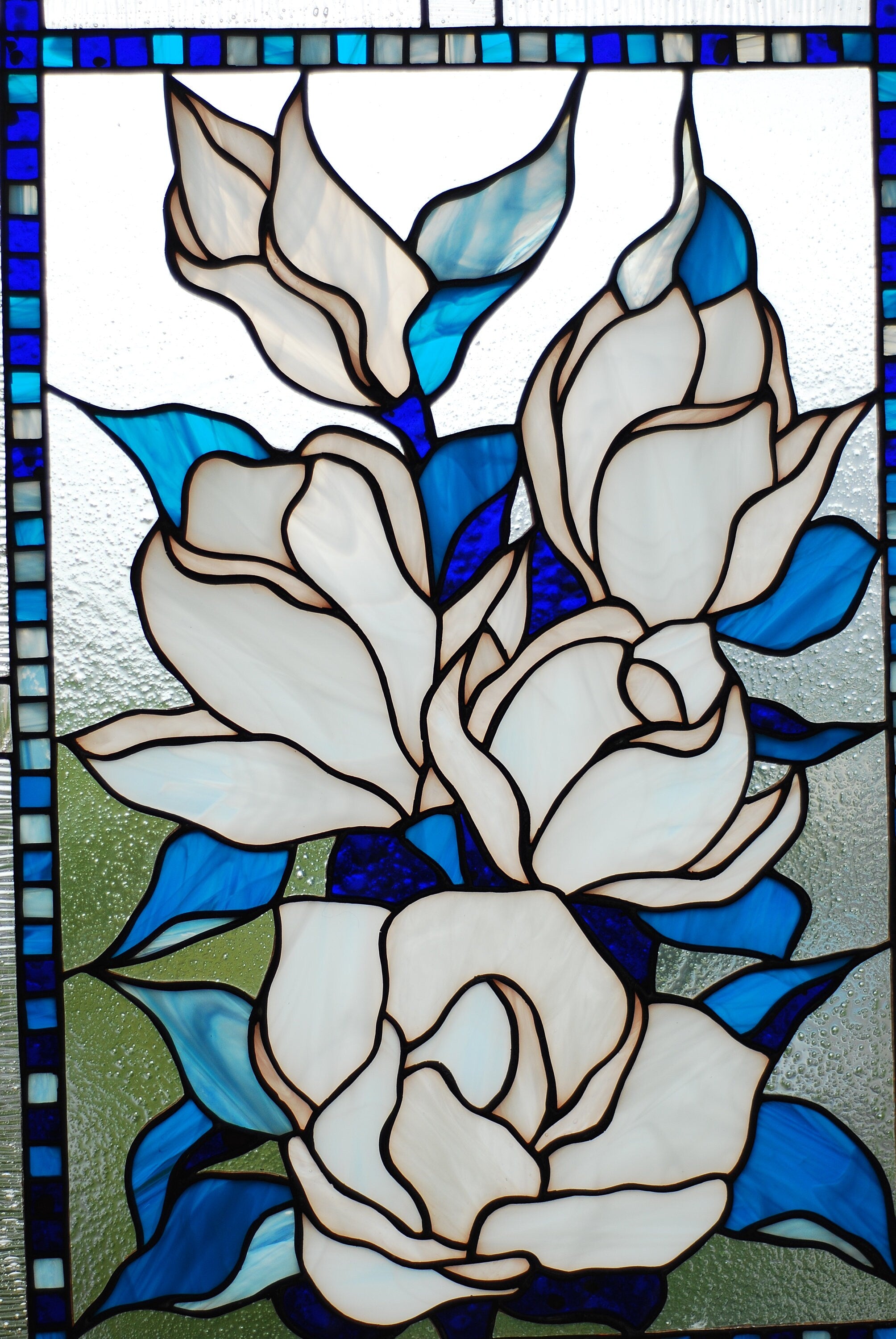 Stained Glass Window Panel Magnolia 17 x 12 inch. Tiffany Glass Art, Handmade Mother’s Day gift, White Flower Window Hangings, Sun Catcher