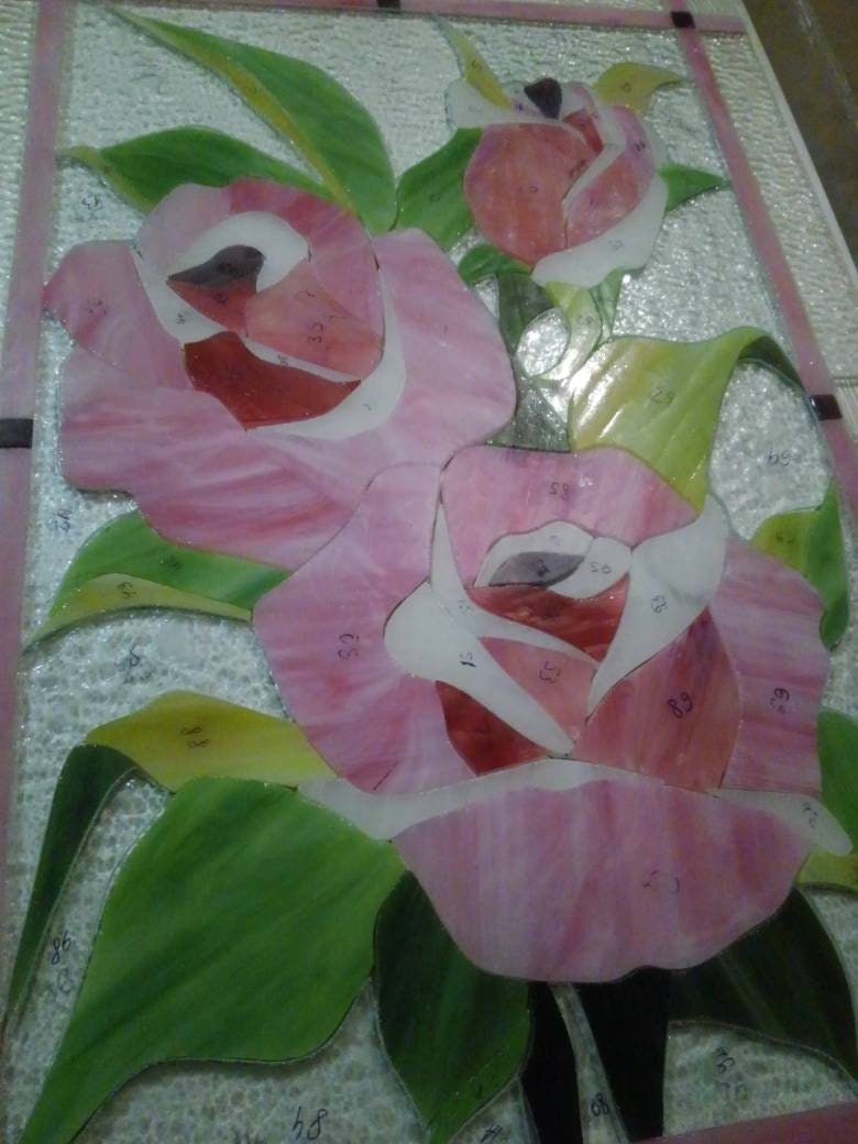 Pink Roses Stained Glass Art Panel, Unique Floral Window Hanging, Suncatcher in Tiffany Style, Elegant Birthday or Mother's Day Gift for Her