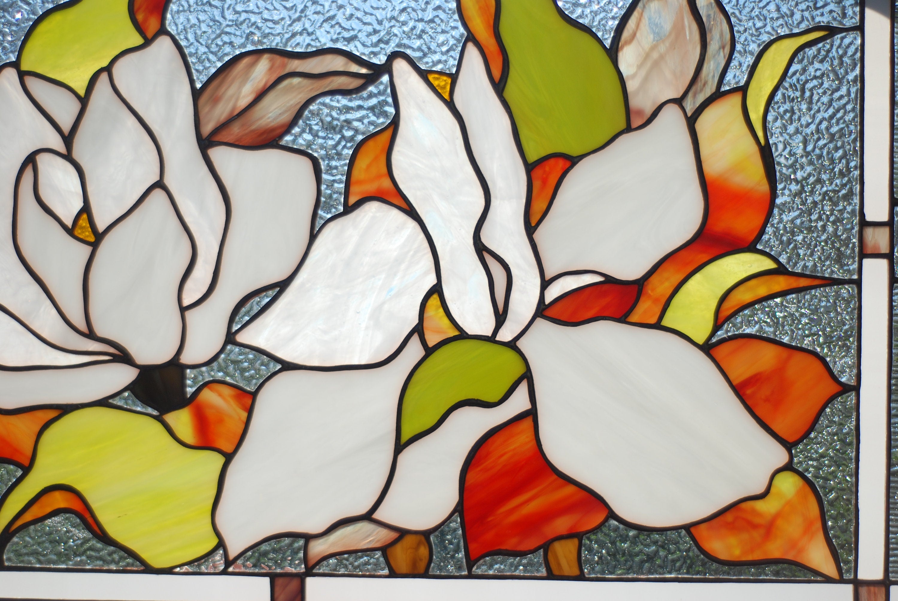 Magnolia Stained Glass Panel, Large Window Hanging, Custom Wall Art (16 x 11 inc.)