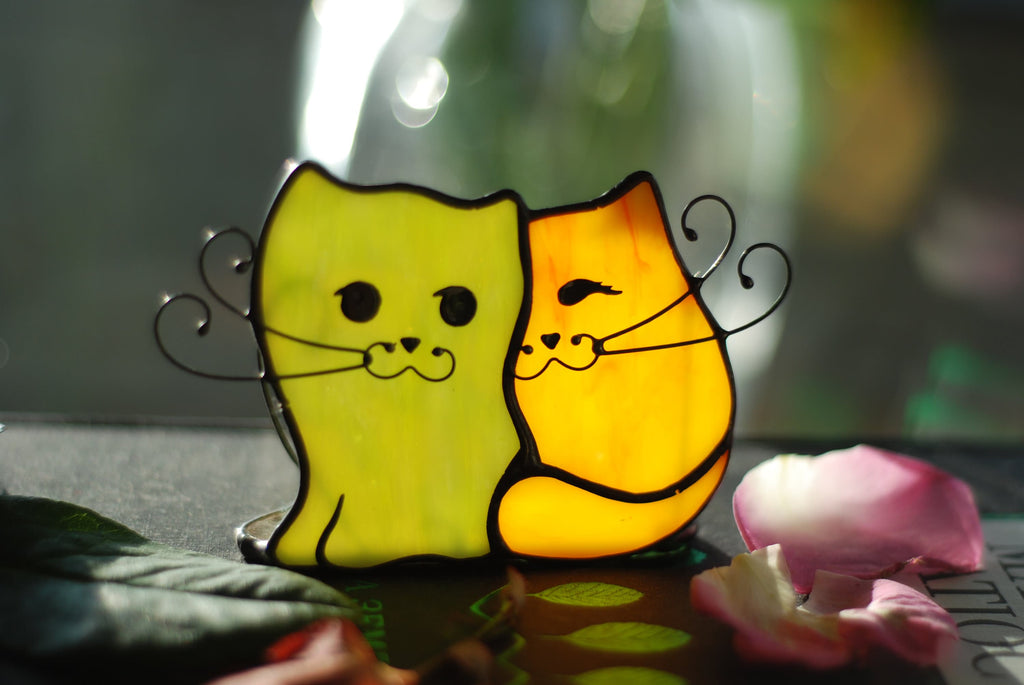 Stained Glass Cats Candle Holder, Whimsical Handmade Decor